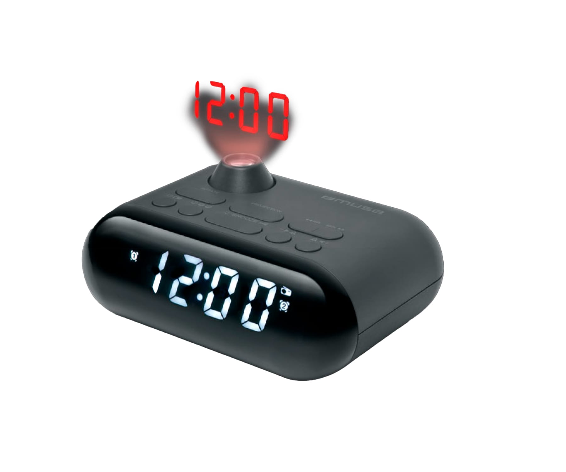 Czarny budzik wyświetlający godzinę '12:00' na czerwono. Tarcza zegara również pokazuje '12:00'.