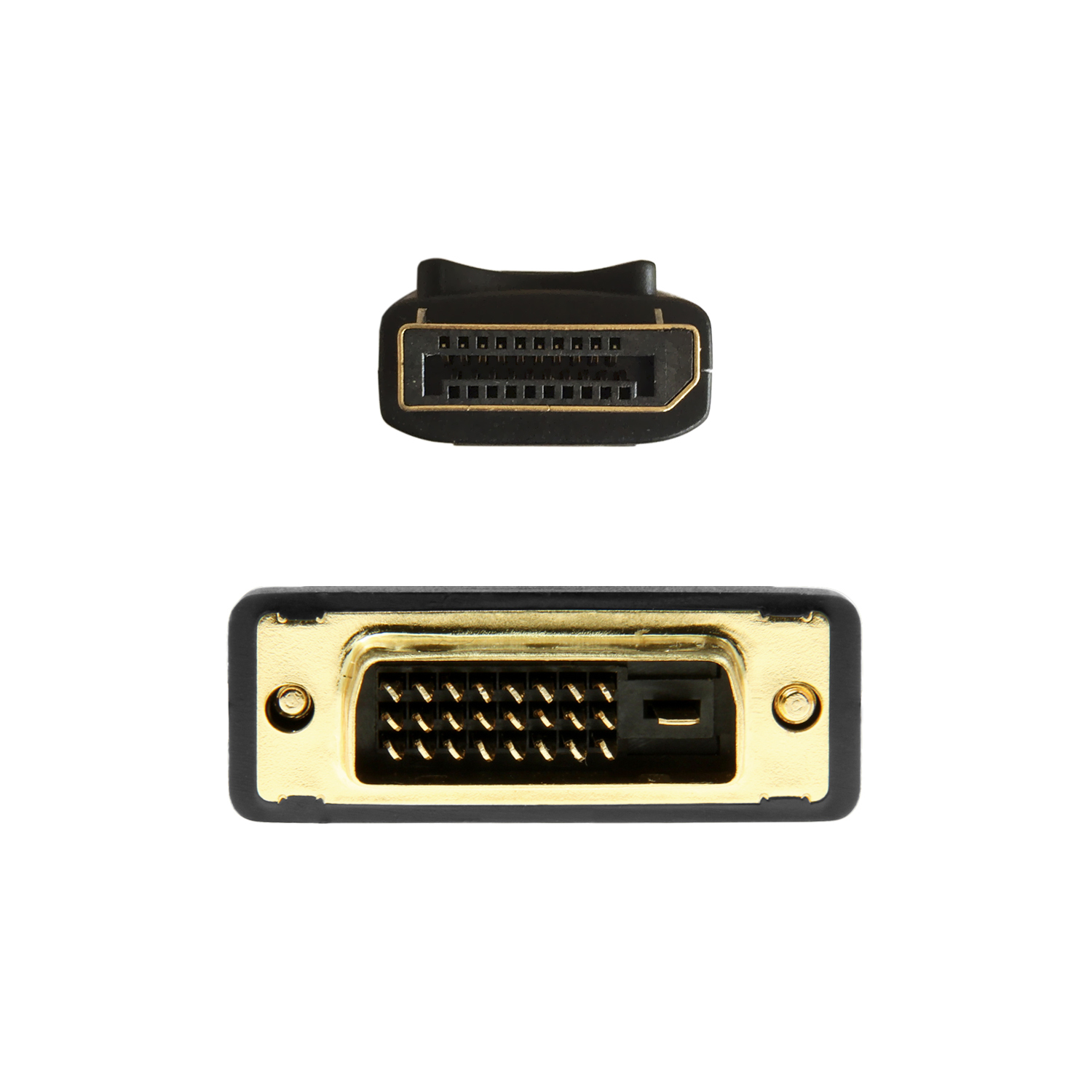 Dos conectores negros y dorados. Uno es DisplayPort, el otro DVI.