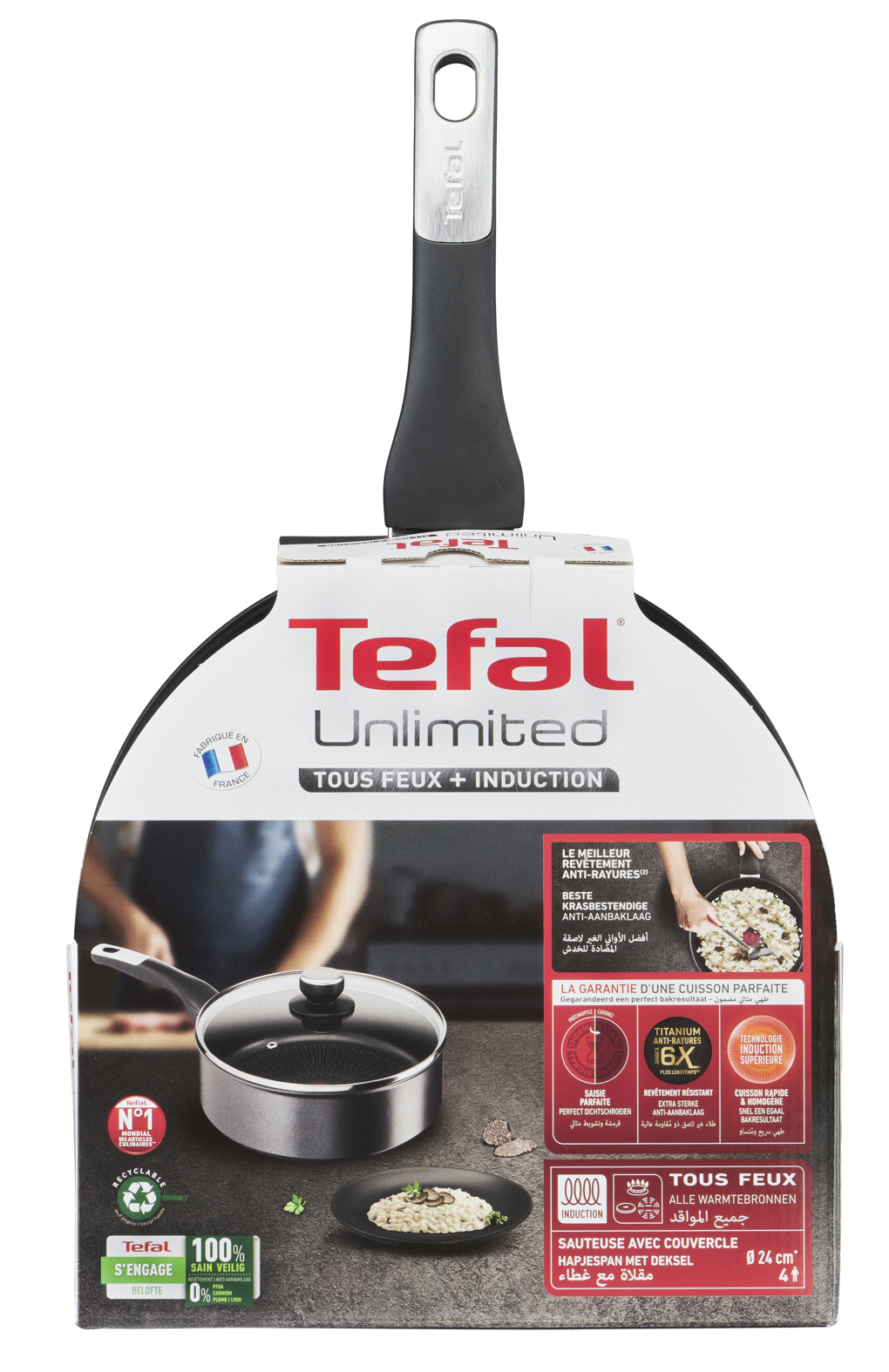 Tefal koekenpanverpakking met een pan afbeelding en tekst.