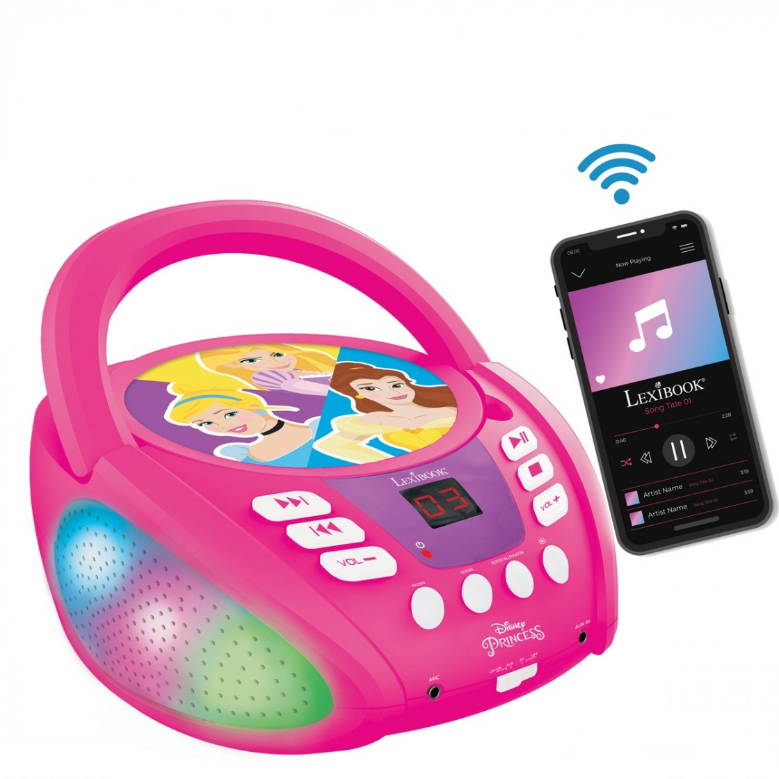 Eine rosa Karaoke-Maschine mit Griff, Disney-Prinzessinnen und Smartphone mit Song-Infos.