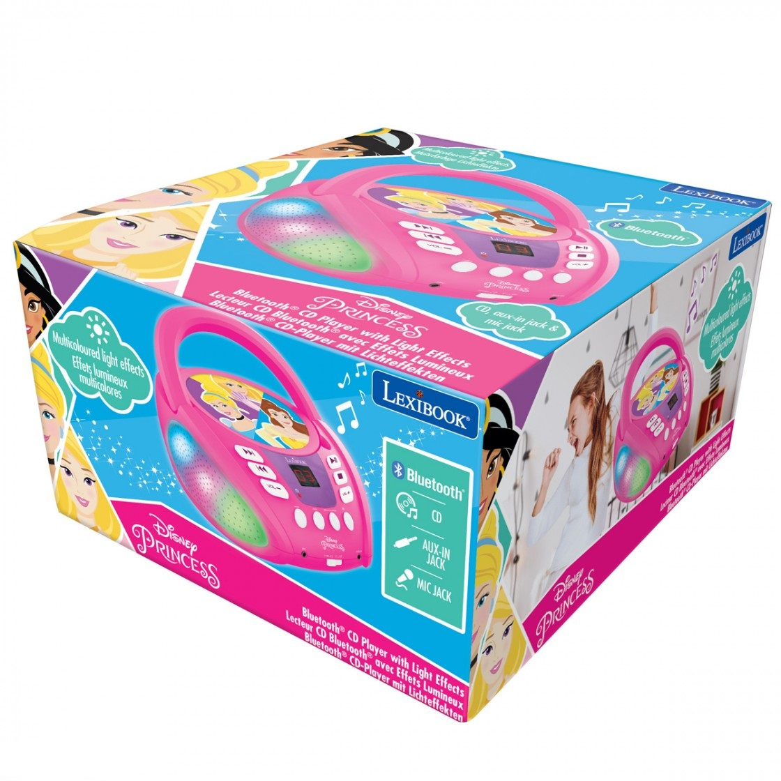 Rosa Disney Princess Bluetooth CD-Player in einer bunten Box.