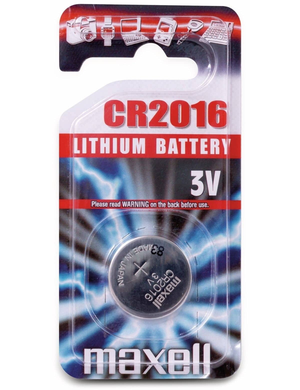 Batteria al litio CR2016 in un pacchetto di plastica, sfondo bianco.