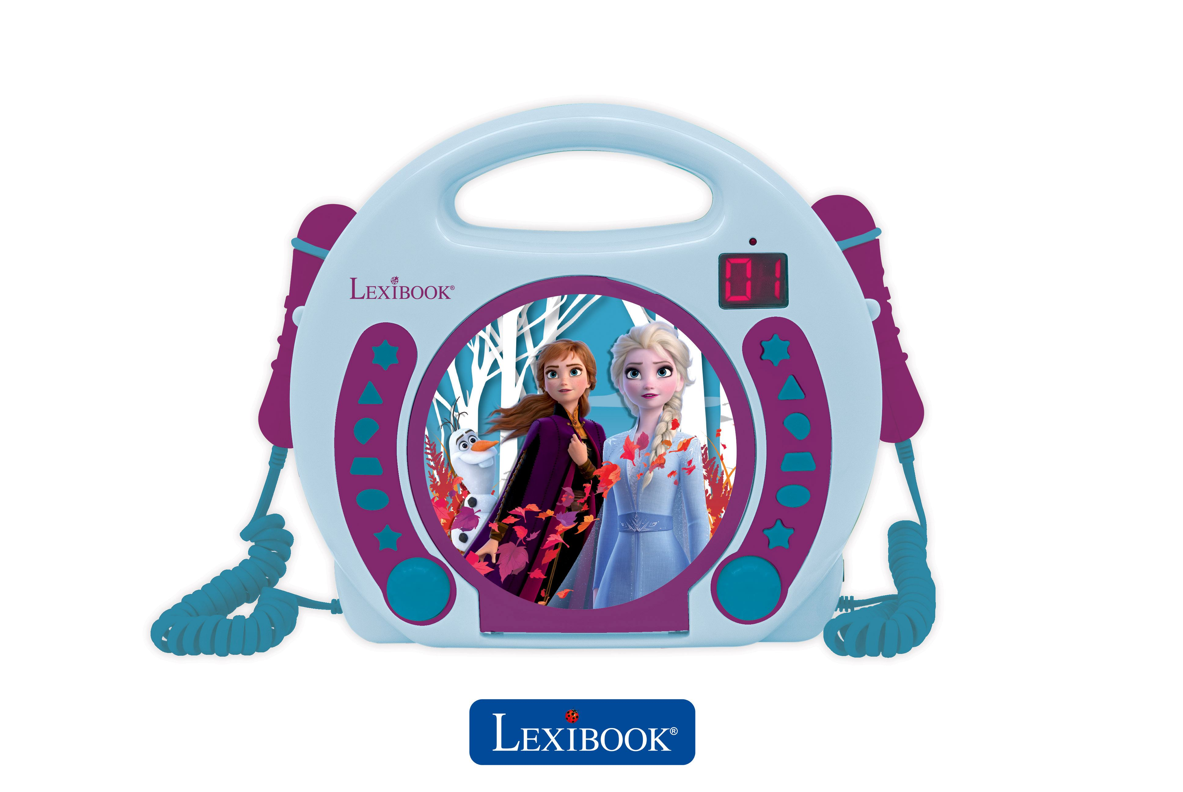 Niebiesko-fioletowa maszyna do karaoke Lexibook Frozen z postaciami z Krainy Lodu na ekranie.