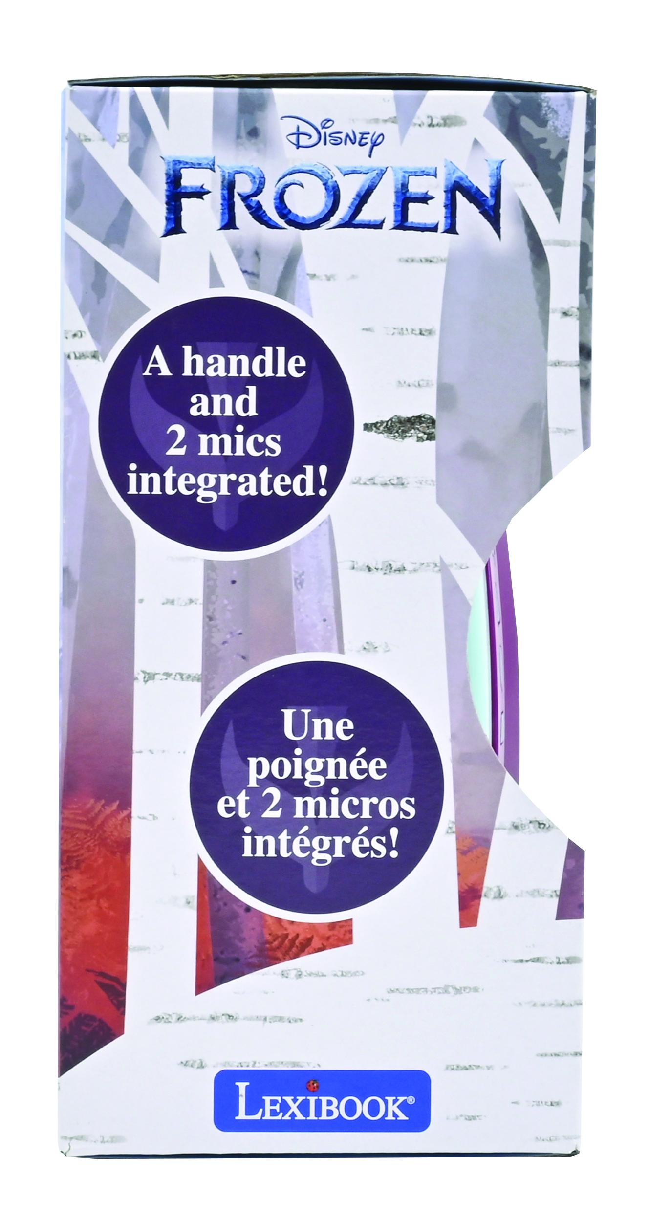 Pudełko z motywem Frozen. Mówi: 'A handle and 2 mics integrated!' w fioletowym okręgu.