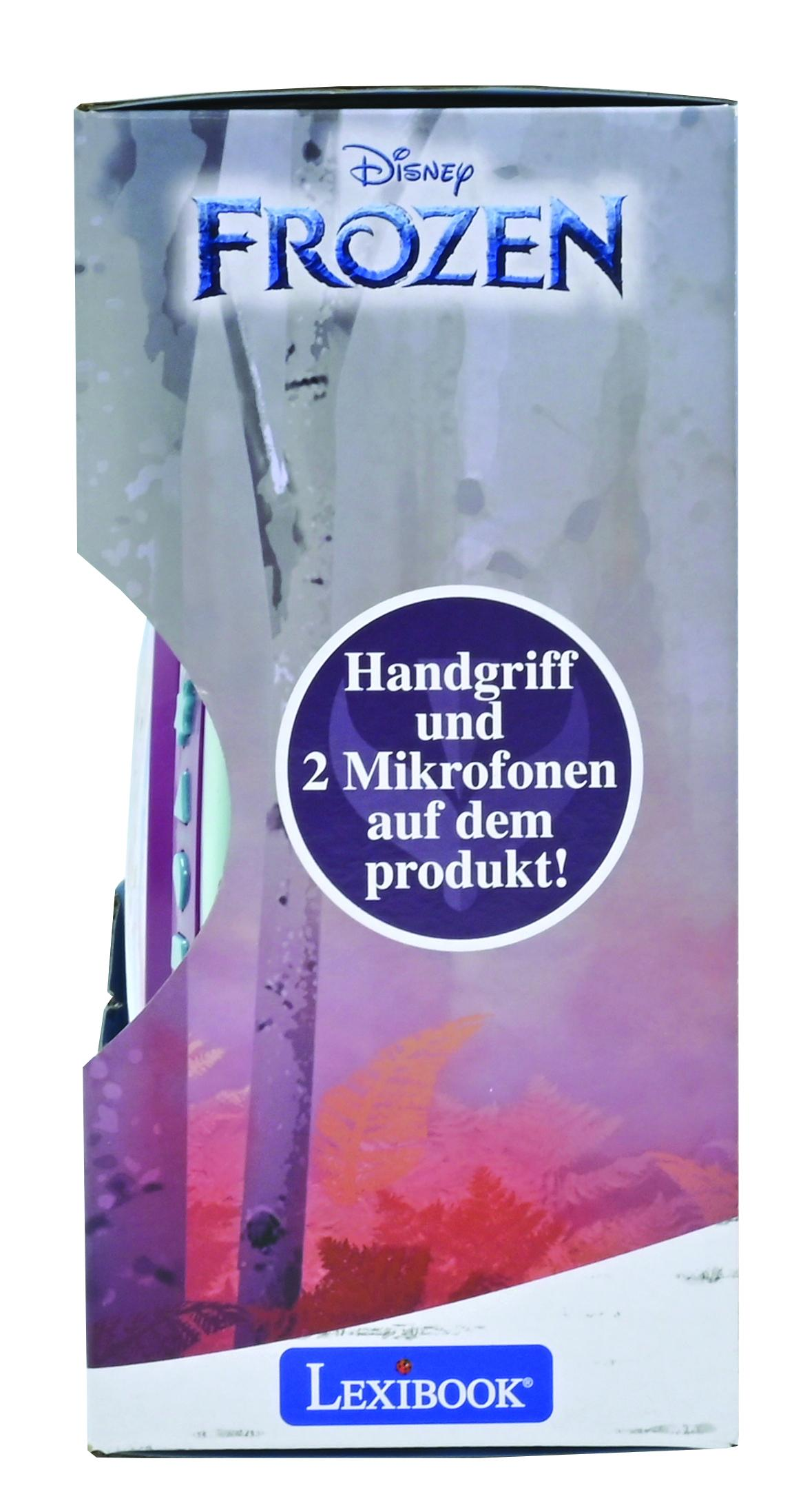 Pudełko z motywem Frozen, mówi 'Handgriff und 2 Mikrofone auf dem produkt!' w fioletowym okręgu.