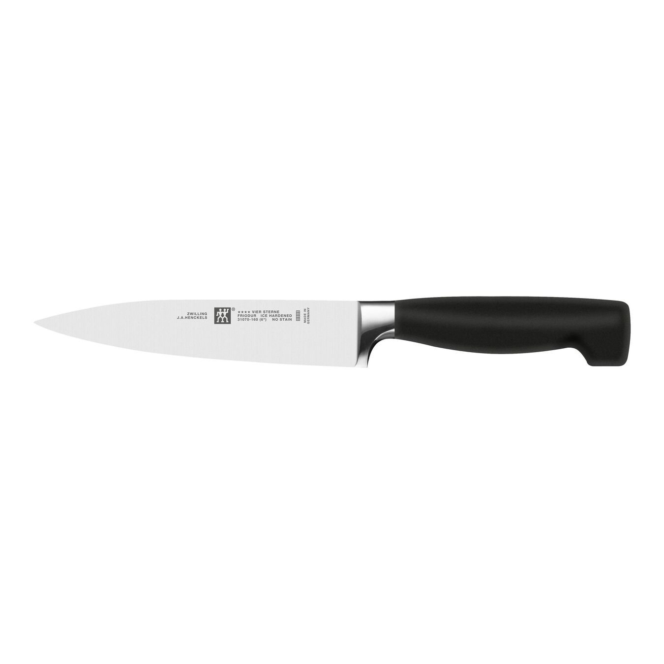 Messer mit schwarzem Griff und silberner Klinge. Die Klinge ist scharf und der Griff ist gebogen.