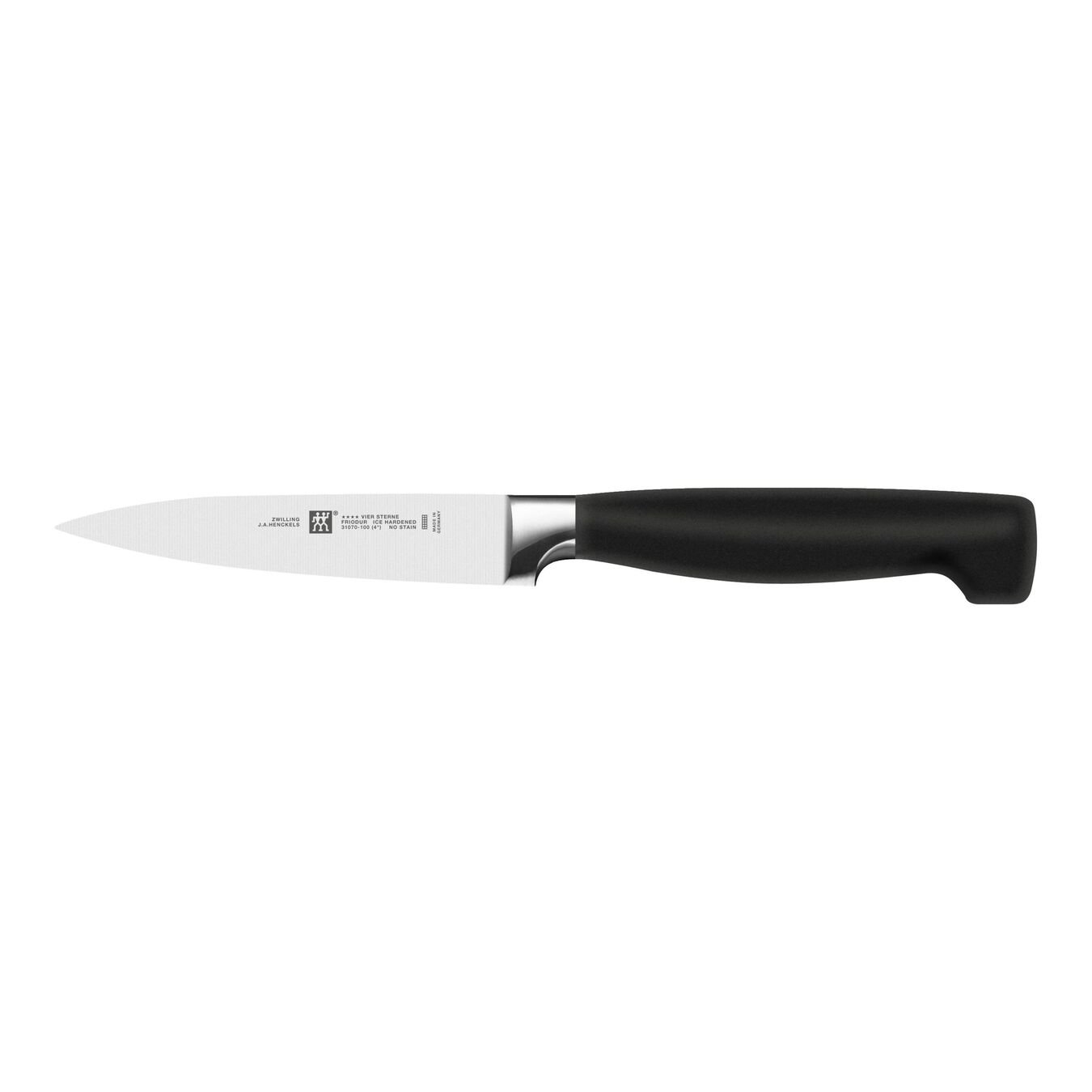 Ein Messer mit schwarzem Griff und silberner Klinge. Die Klinge ist scharf und der Griff hat eine Krümmung.