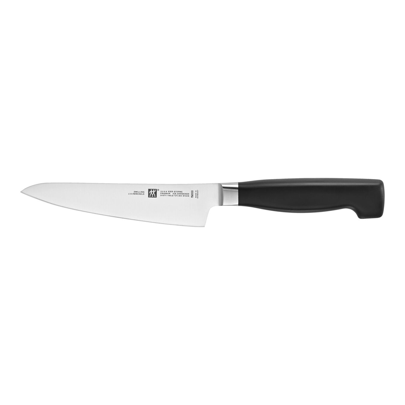 Ein Messer mit schwarzem Griff und silberner Klinge. Die Klinge ist scharf und der Griff hat eine Krümmung.