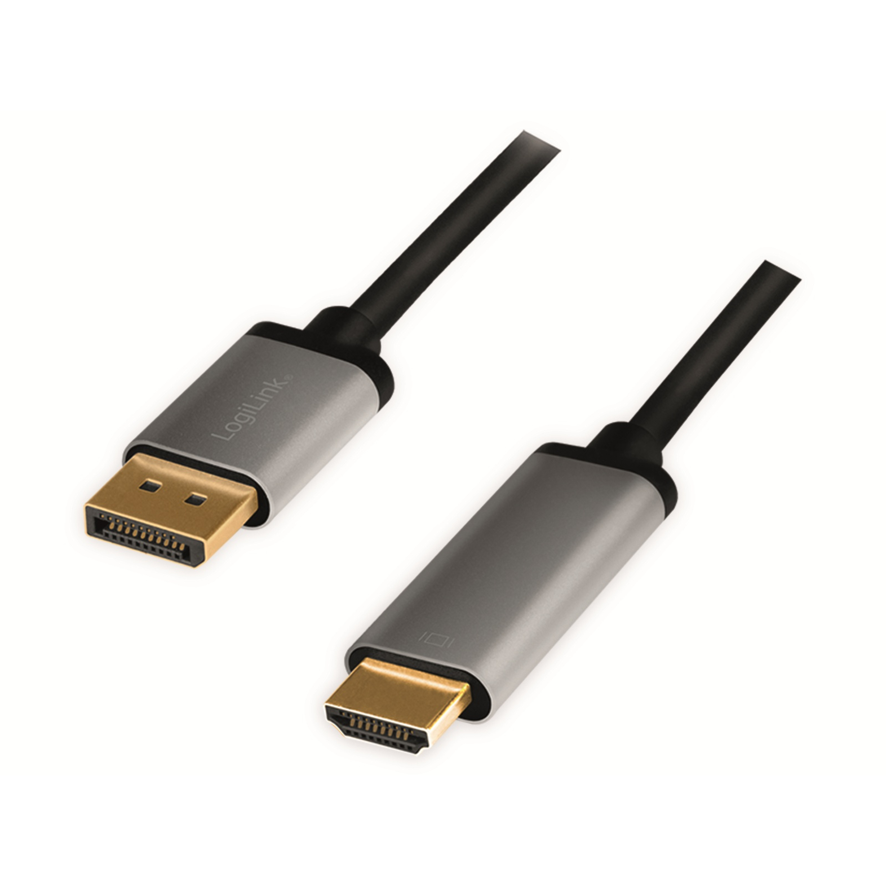 Szary i czarny kabel ze złączem DisplayPort i HDMI na białym tle.