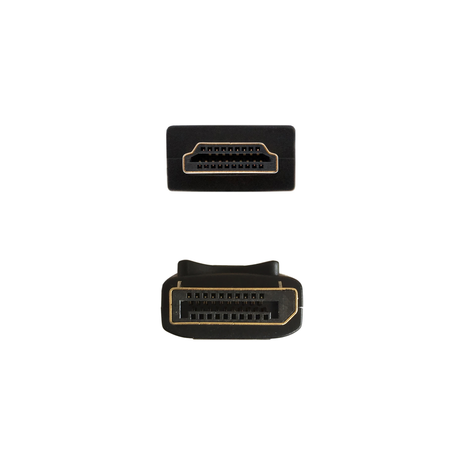 Due connettori HDMI neri, vista dall'alto e dal basso, su sfondo bianco.