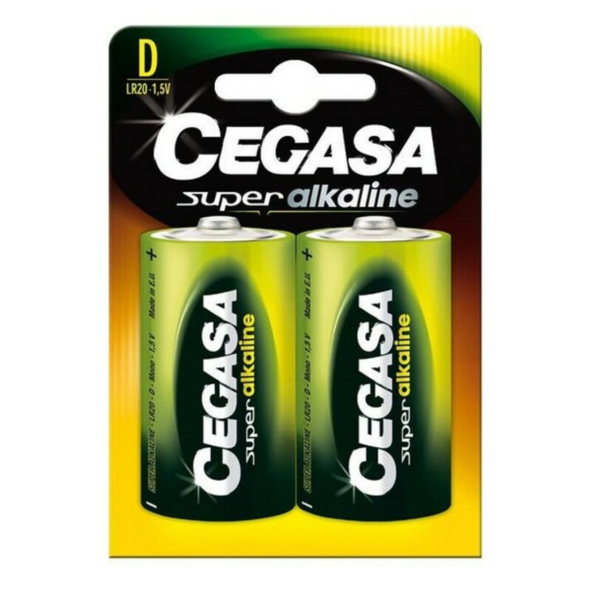 Due batterie Cegasa Super Alkaline D, in un blister su sfondo giallo.