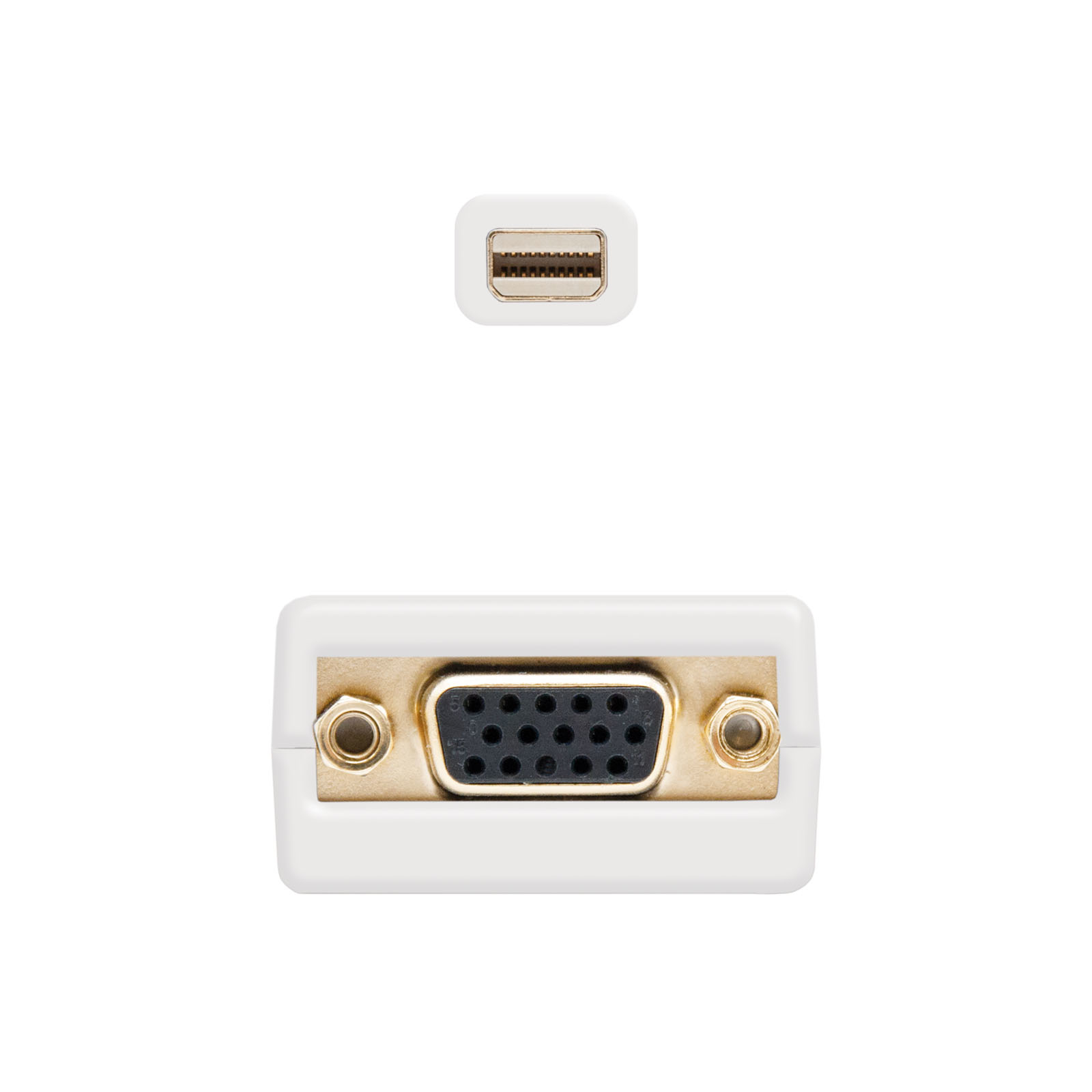 Adaptador blanco, Mini DisplayPort arriba, conector VGA abajo, fondo blanco.