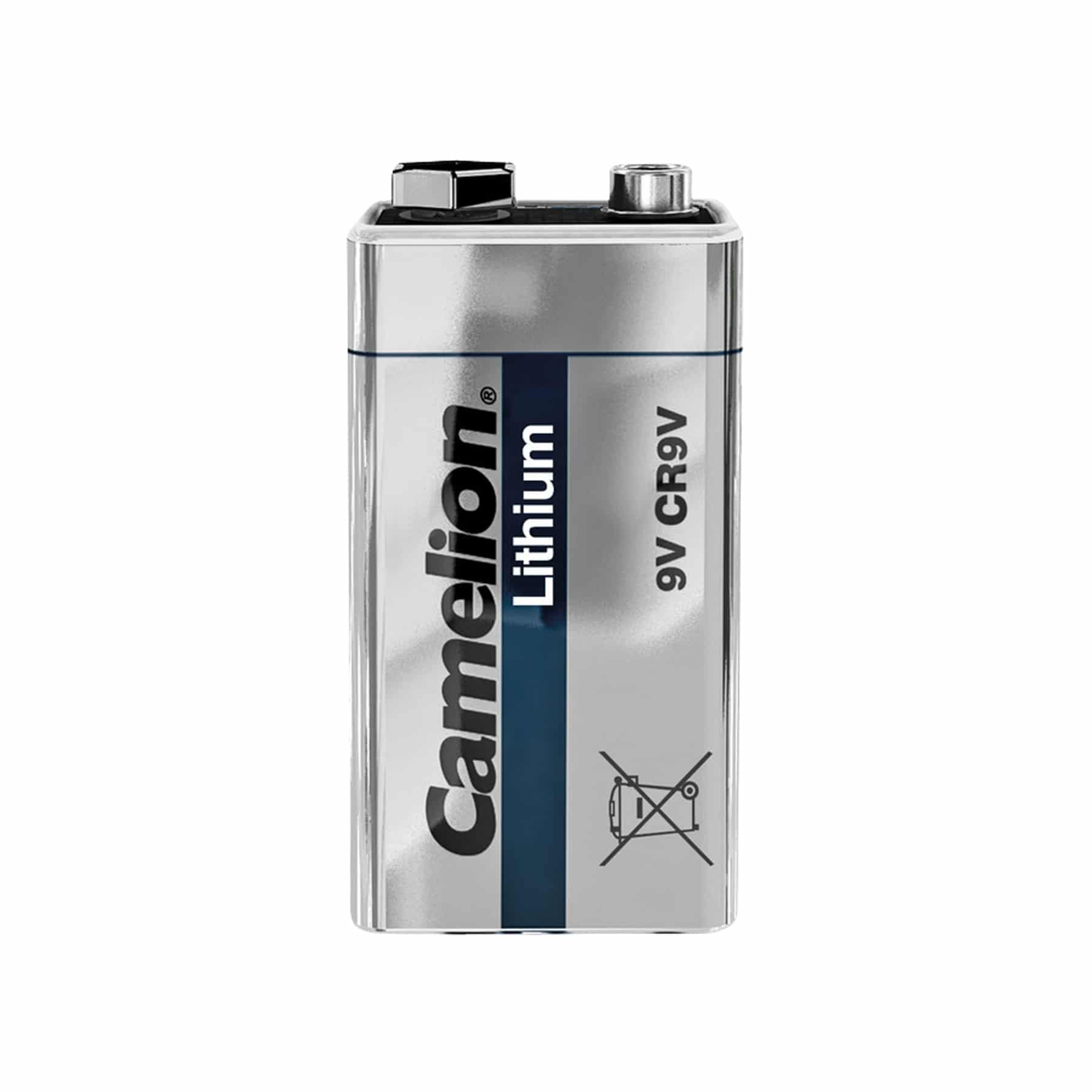 Bateria litowa 9V. Srebrna z czarnym i niebieskim tekstem: Camelion Lithium 9V CR9V.