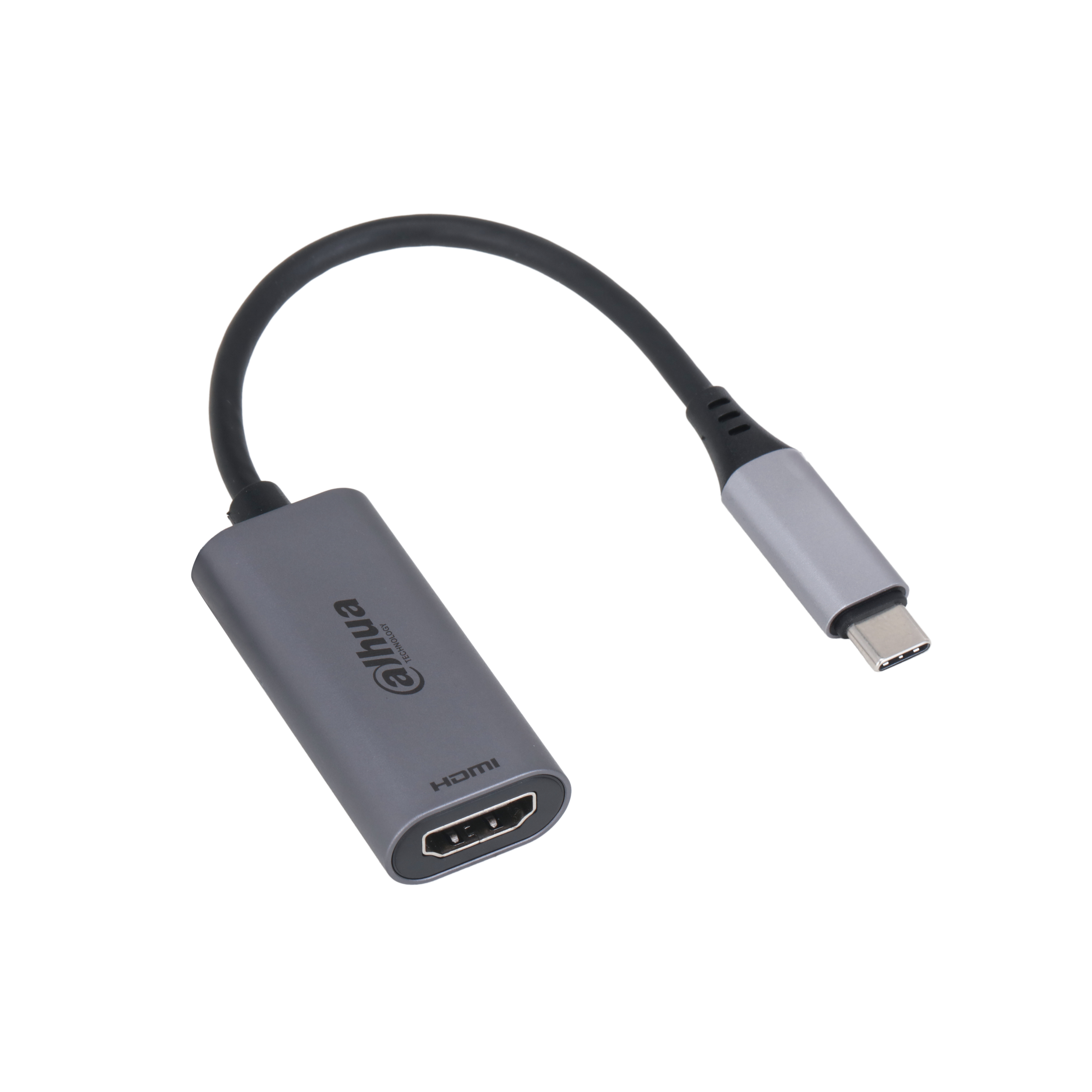 Un adaptador gris de HDMI a USB-C con un cable negro, sobre un fondo blanco.