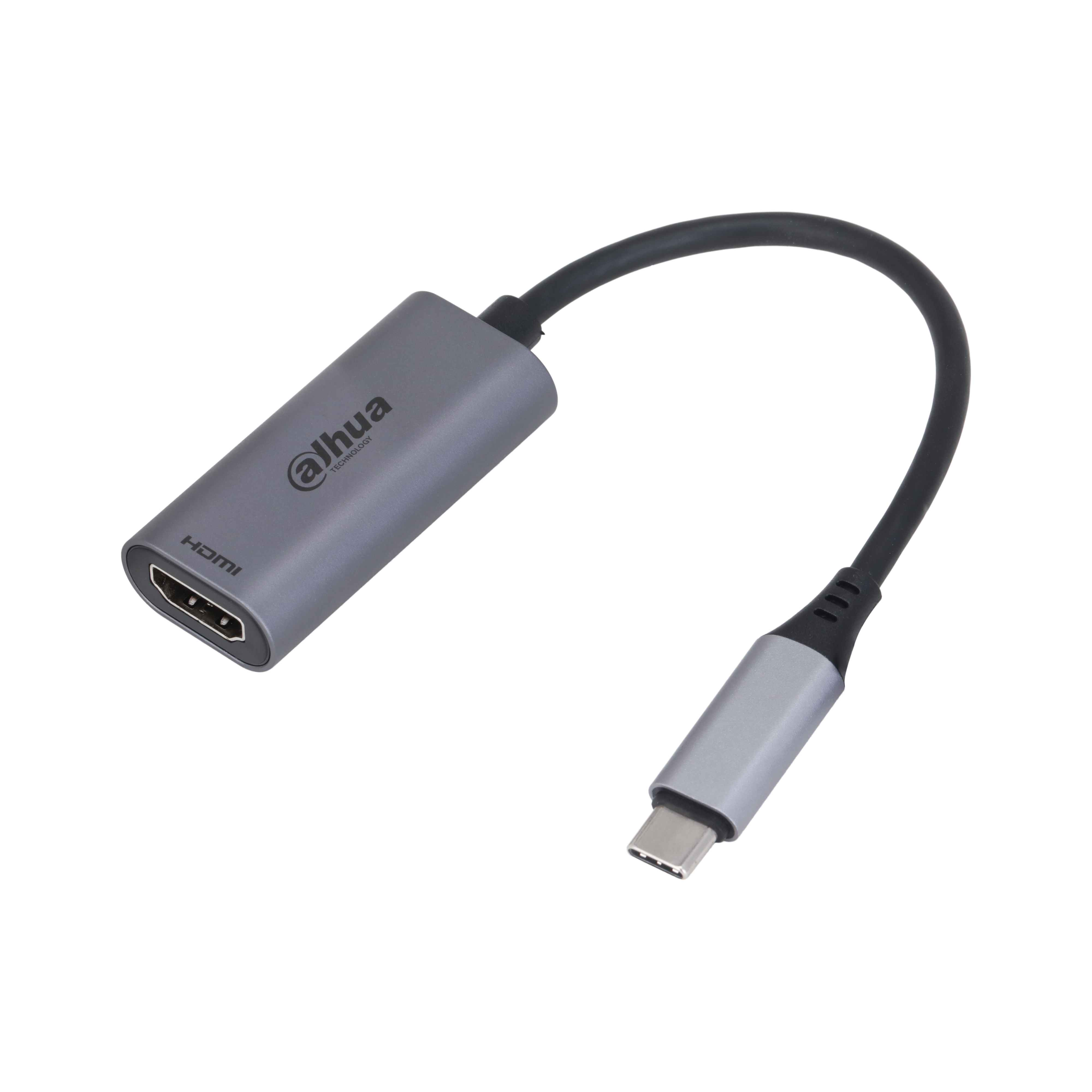Un adaptador gris de HDMI a USB-C con un cable negro, sobre un fondo blanco, vista lateral.