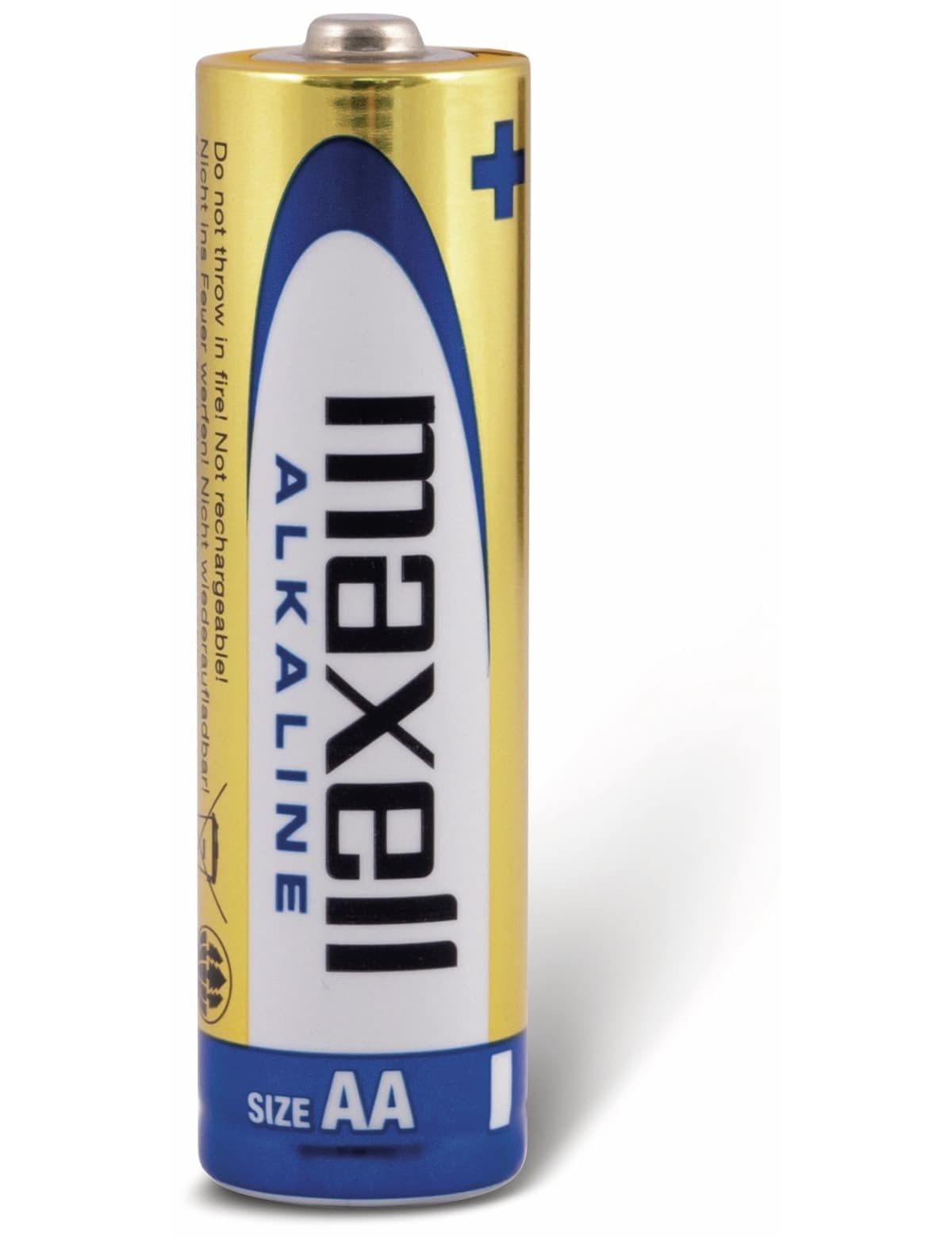 Bateria alkaliczna Maxell AA. Żółty i złoty z niebieskimi akcentami. Tekst na baterii. Białe tło.