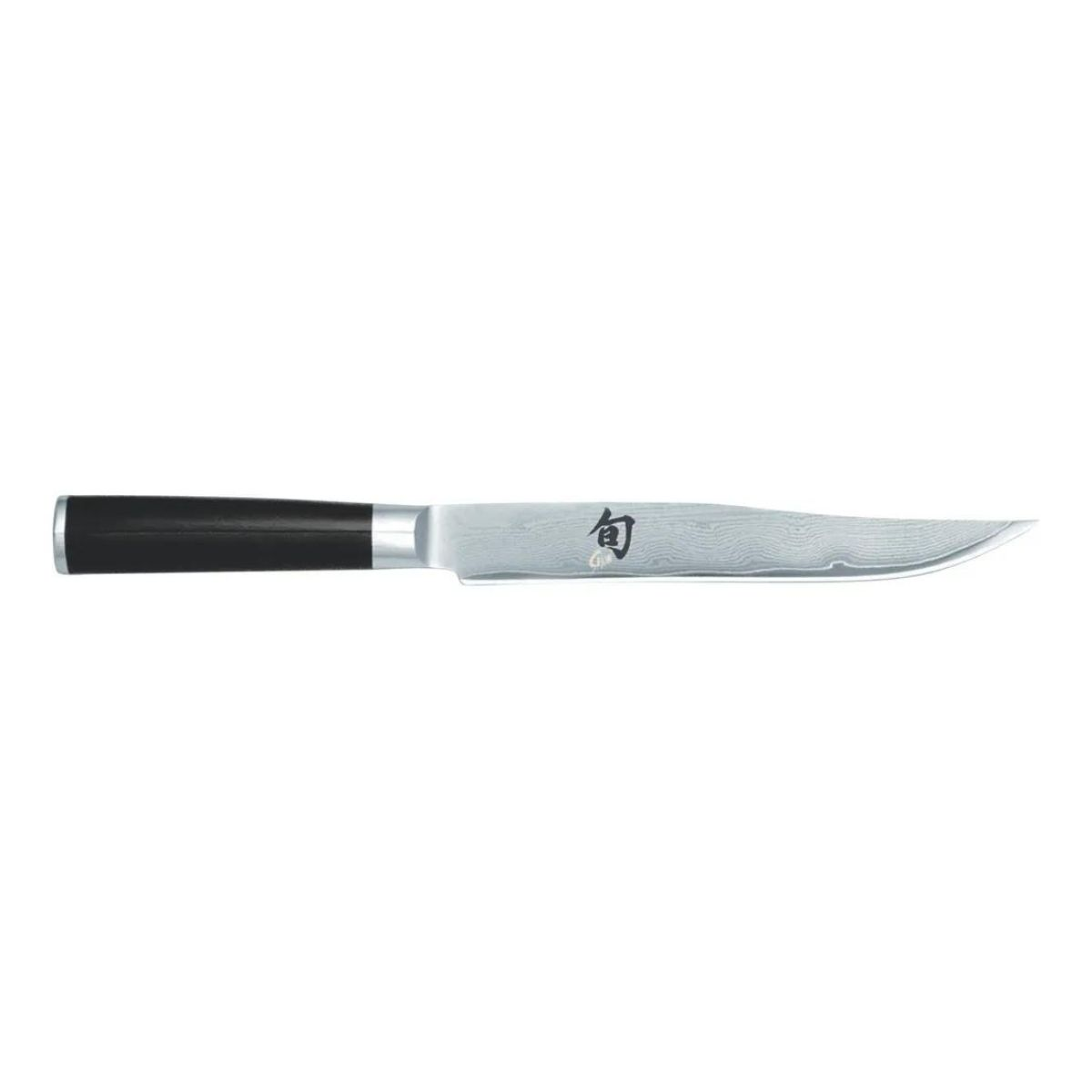Ein einzelnes Messer auf weißem Hintergrund. Das Messer ist silber und schwarz. Der Hintergrund ist weiß.