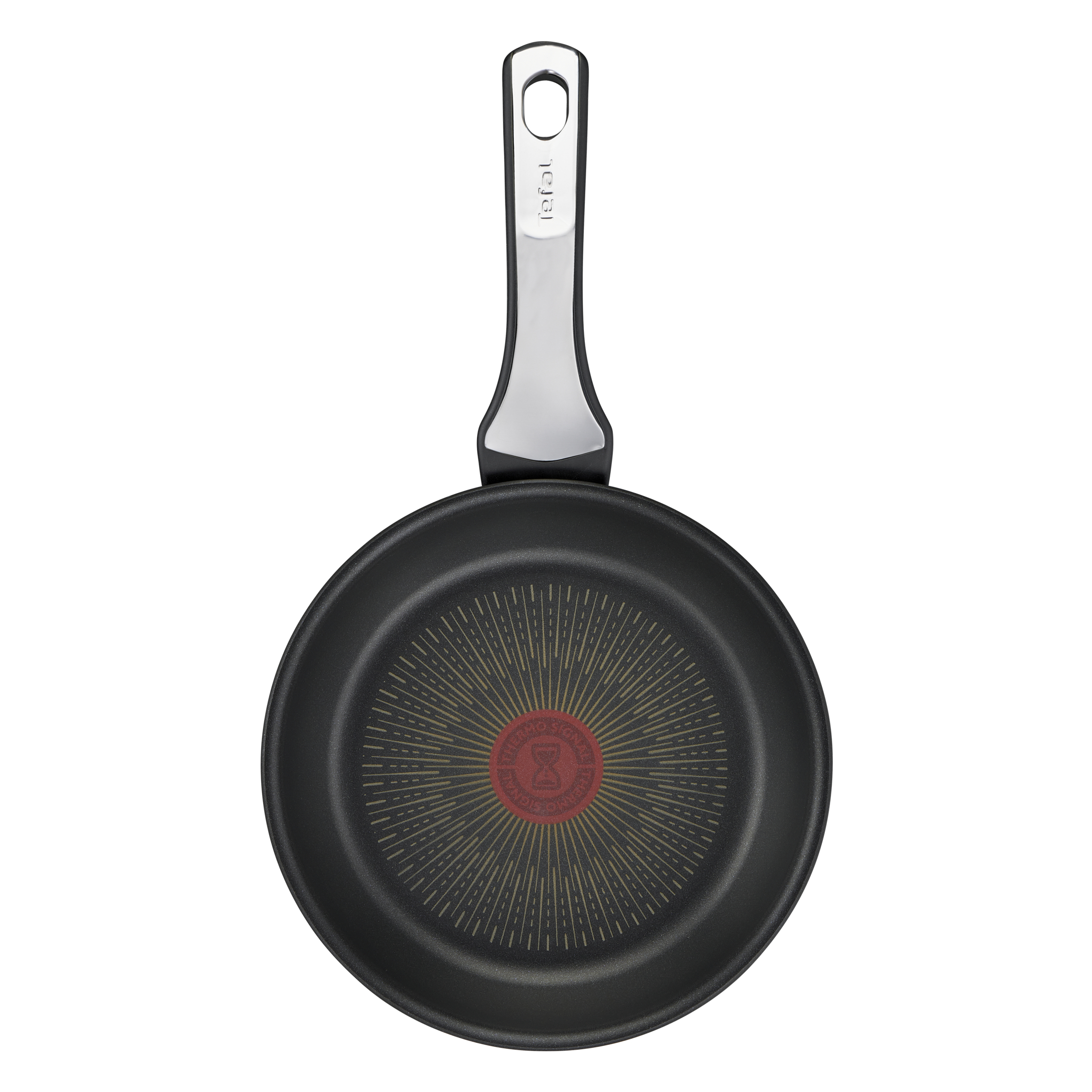 Czarna patelnia z czerwonym środkiem i srebrnym uchwytem.