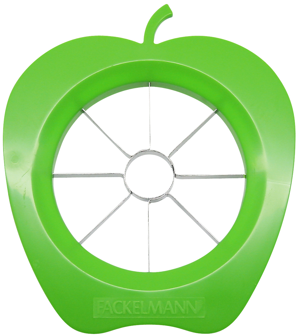 Zielona krajalnica w kształcie jabłka ze ostrzami ze stali nierdzewnej i marką.