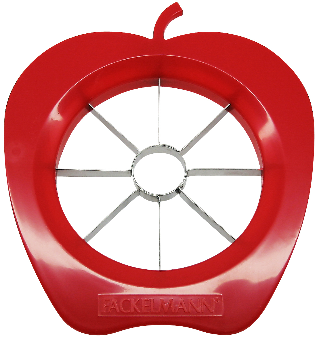Czerwone urządzenie do krojenia w kształcie jabłka z metalowymi ostrzami na białym tle, ze słowem Fackelmann.