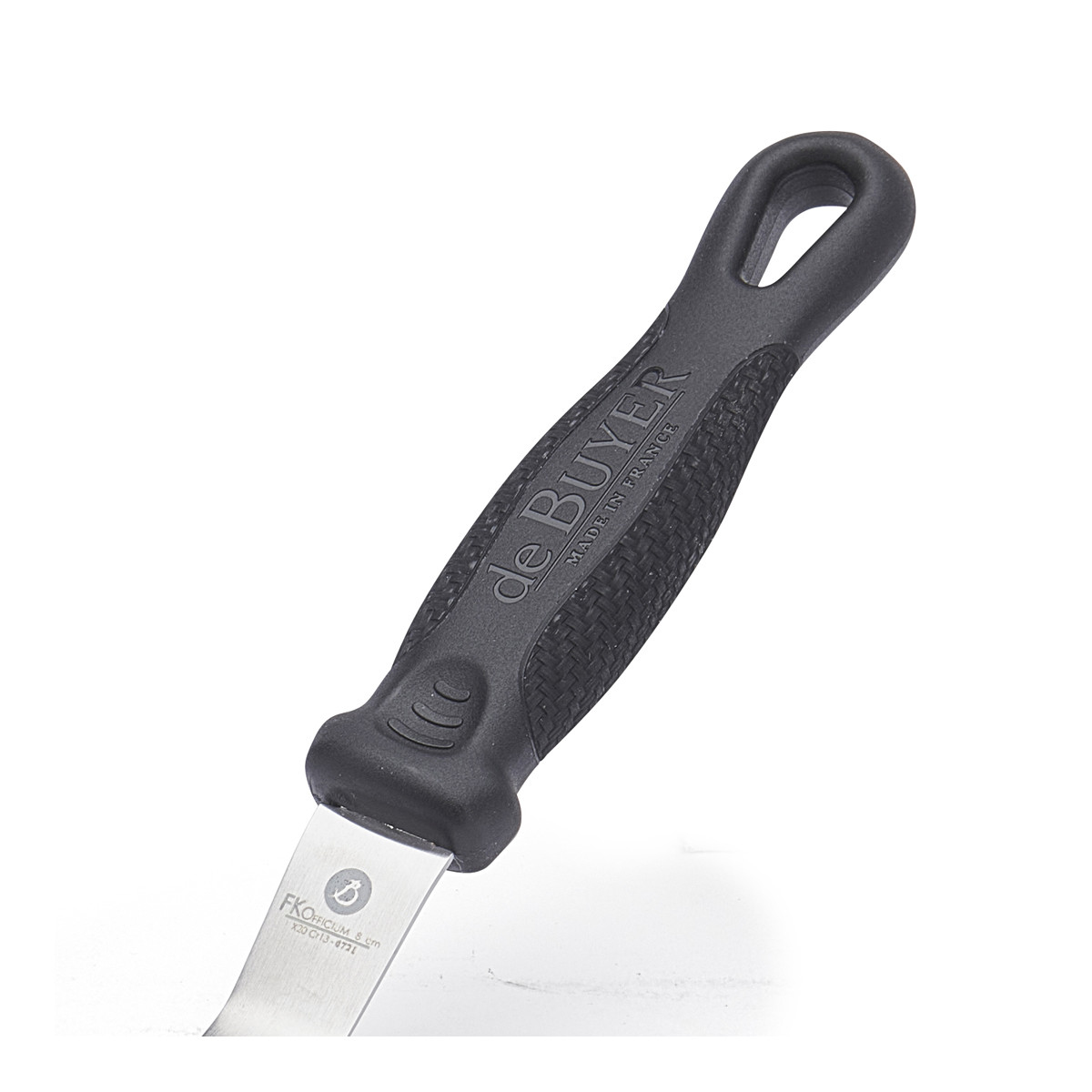 Messergriff mit Text "de BUYER MADE IN FRANCE". Griff schwarz und strukturiert.