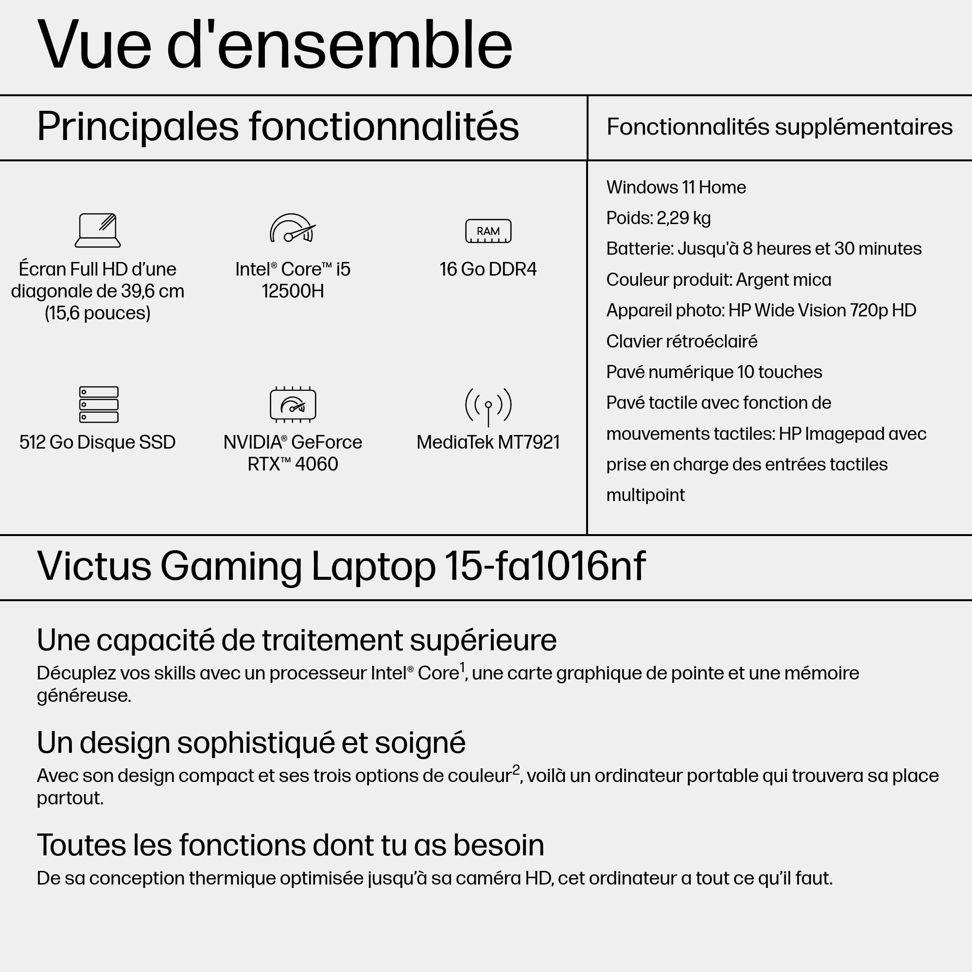 Informacje tekstowe o laptopie do gier Victus. Wymieniono specyfikacje, funkcje i opisy.