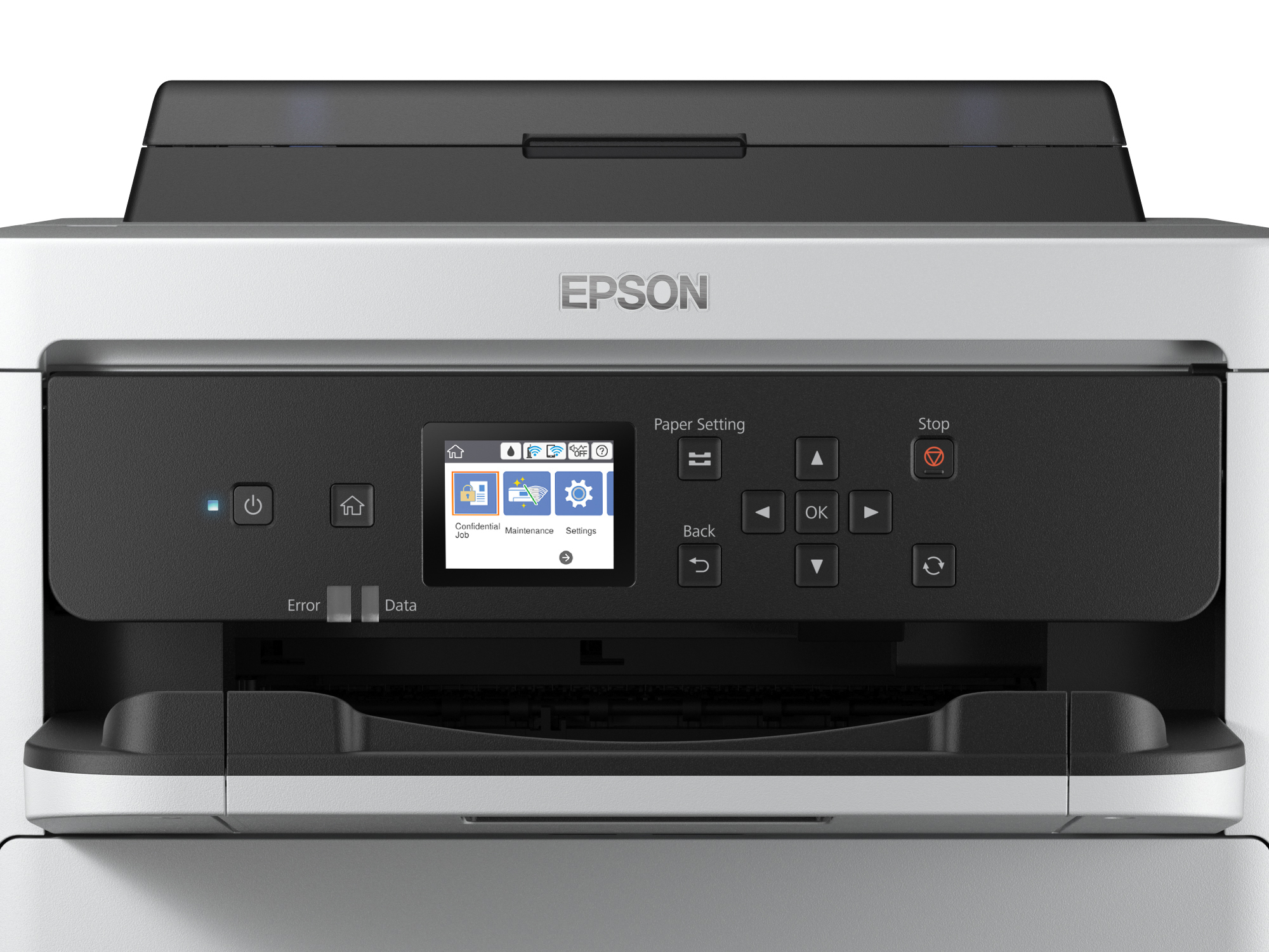 Stampante Epson con pannello di controllo, vassoi per la carta e uno schermo che mostra informazioni.