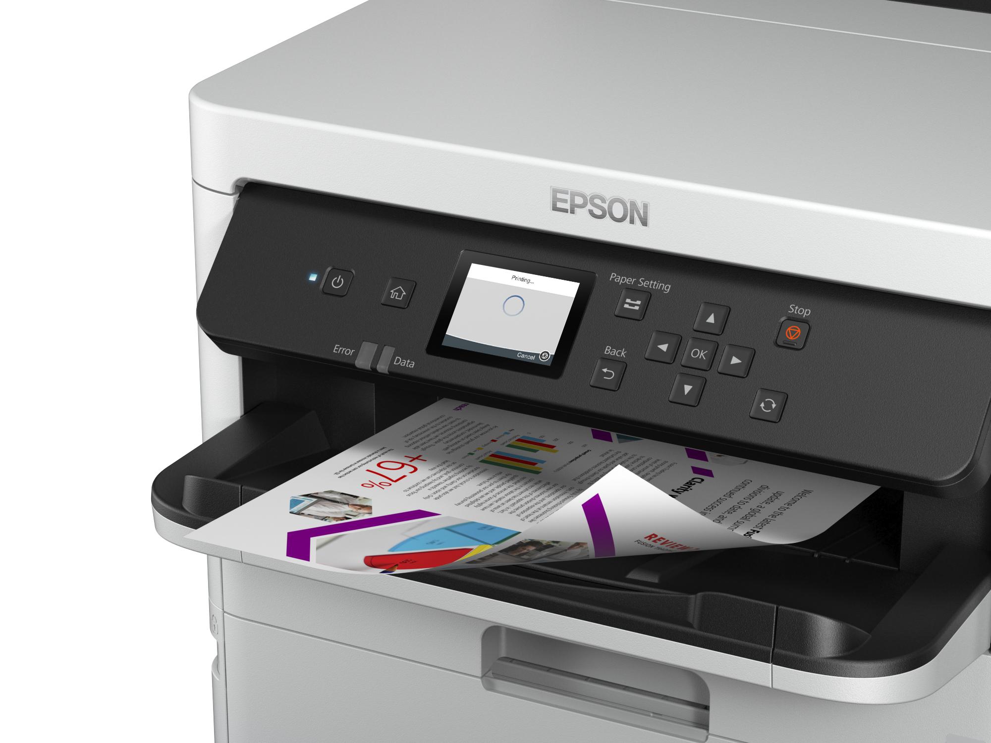 Stampante Epson con carta caricata nel vassoio. Lo schermo mostra una barra di avanzamento e pulsanti.