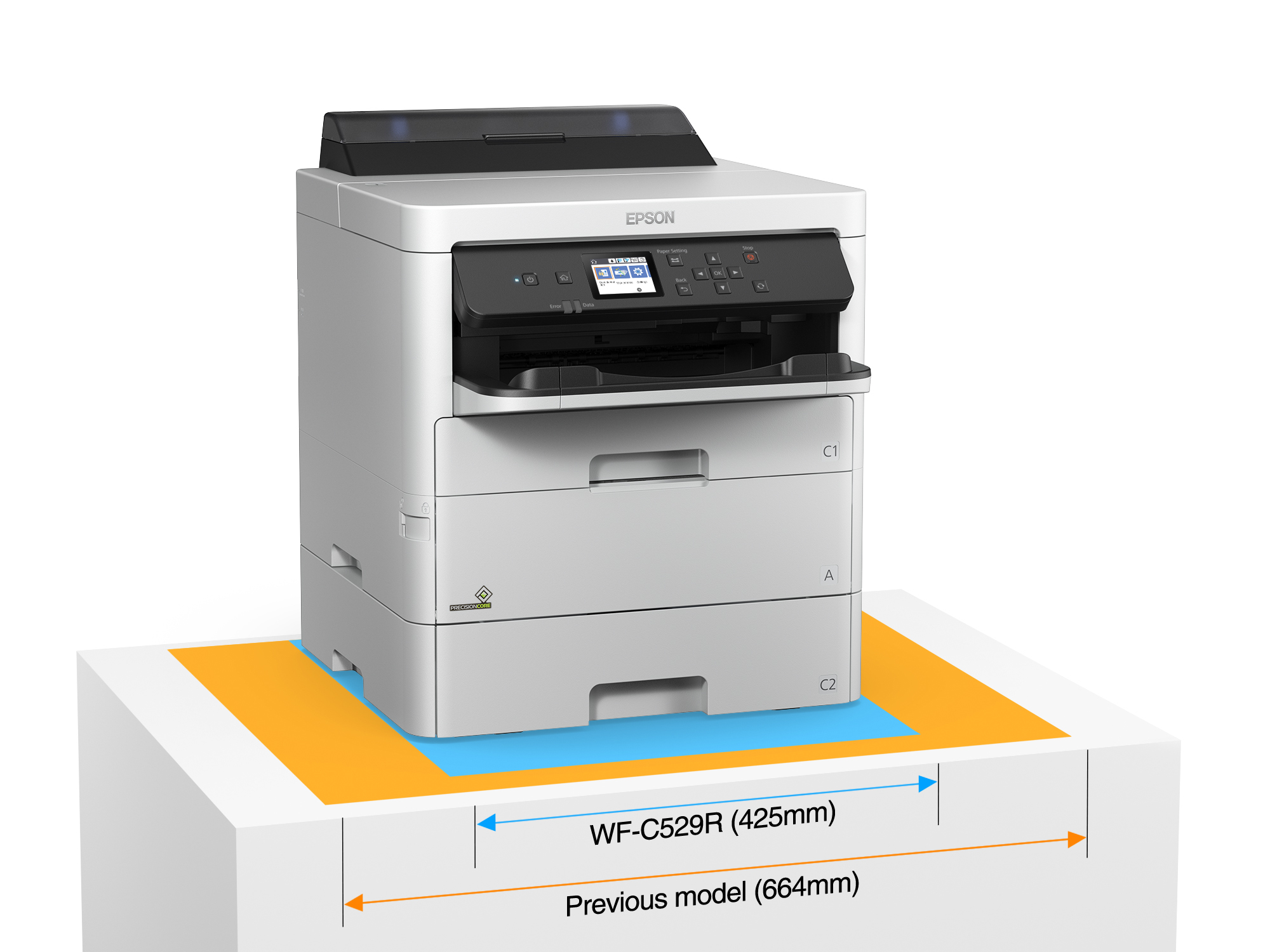 Stampante Epson su una superficie bianca. La parte anteriore ha vassoi per la carta e uno schermo. Linee blu e arancioni.