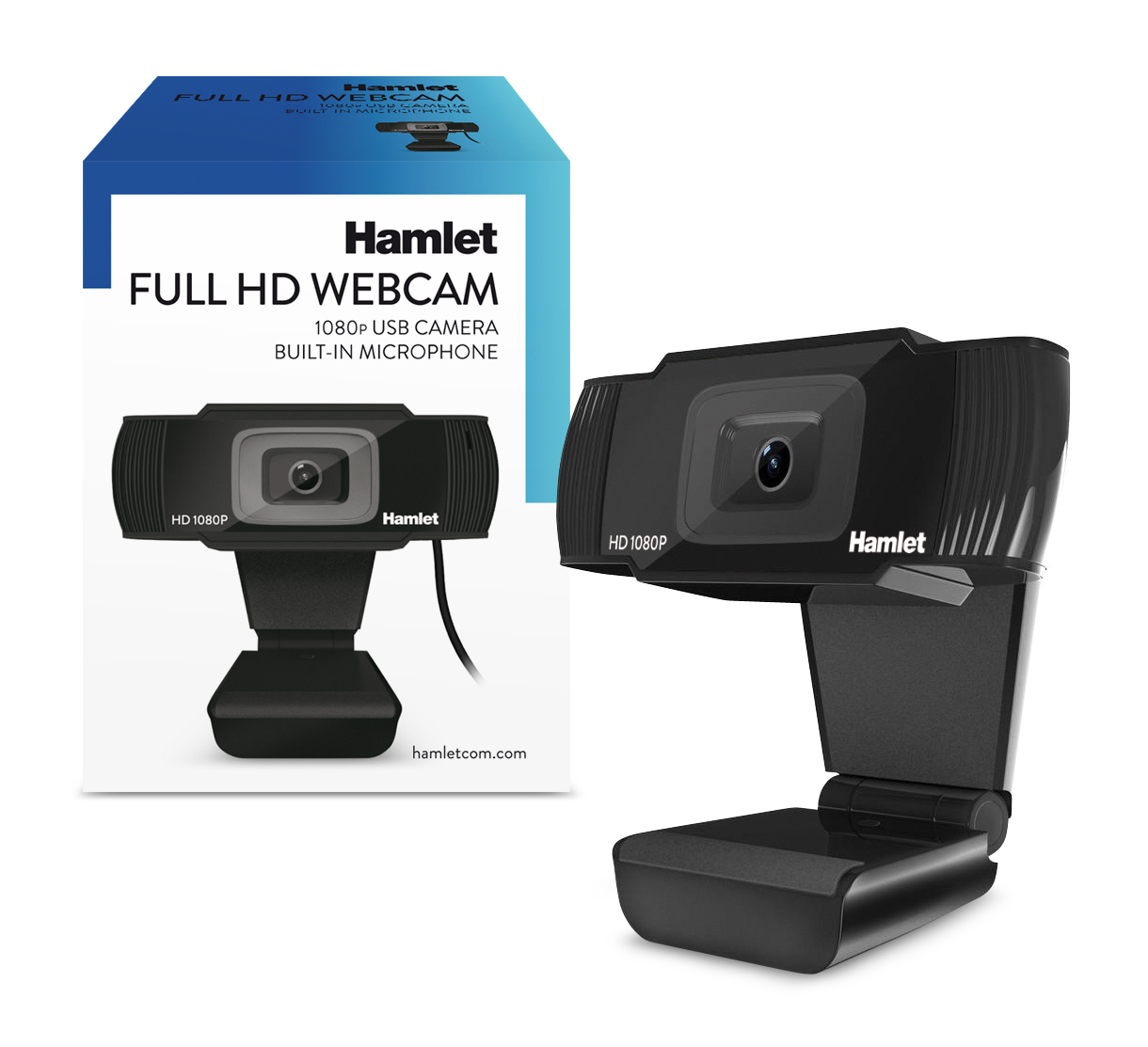 Schwarze Webcam mit einer Box. Auf der Box steht „Hamlet“ und „Full HD Webcam“.