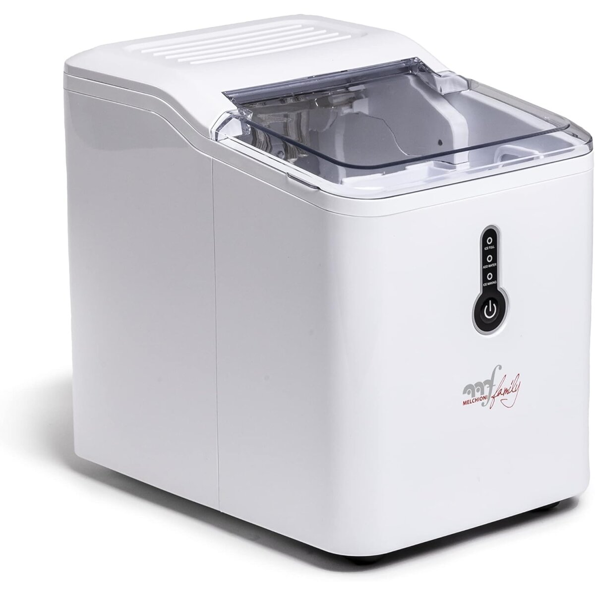 Witte ijsmachine met een transparante deksel. Het heeft knoppen en een logo.