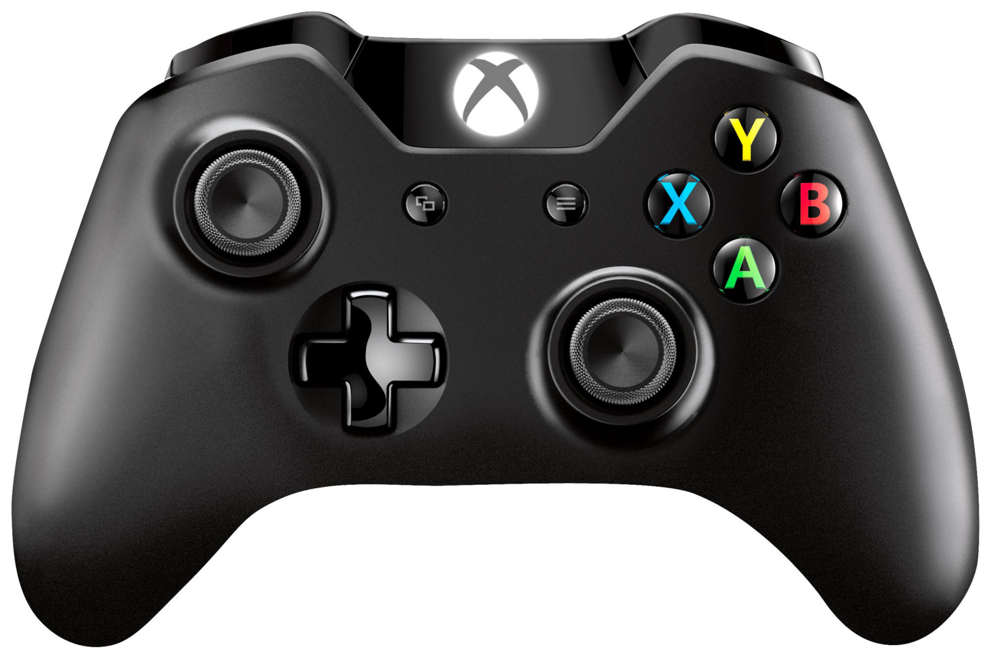 Schwarzer Xbox-Controller mit farbigen Knöpfen und Joysticks. Das Xbox-Logo ist sichtbar.