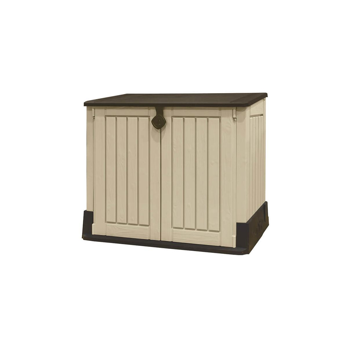 Zewnętrzna szopa magazynowa. Beżowe ściany, brązowy dach i podstawa.