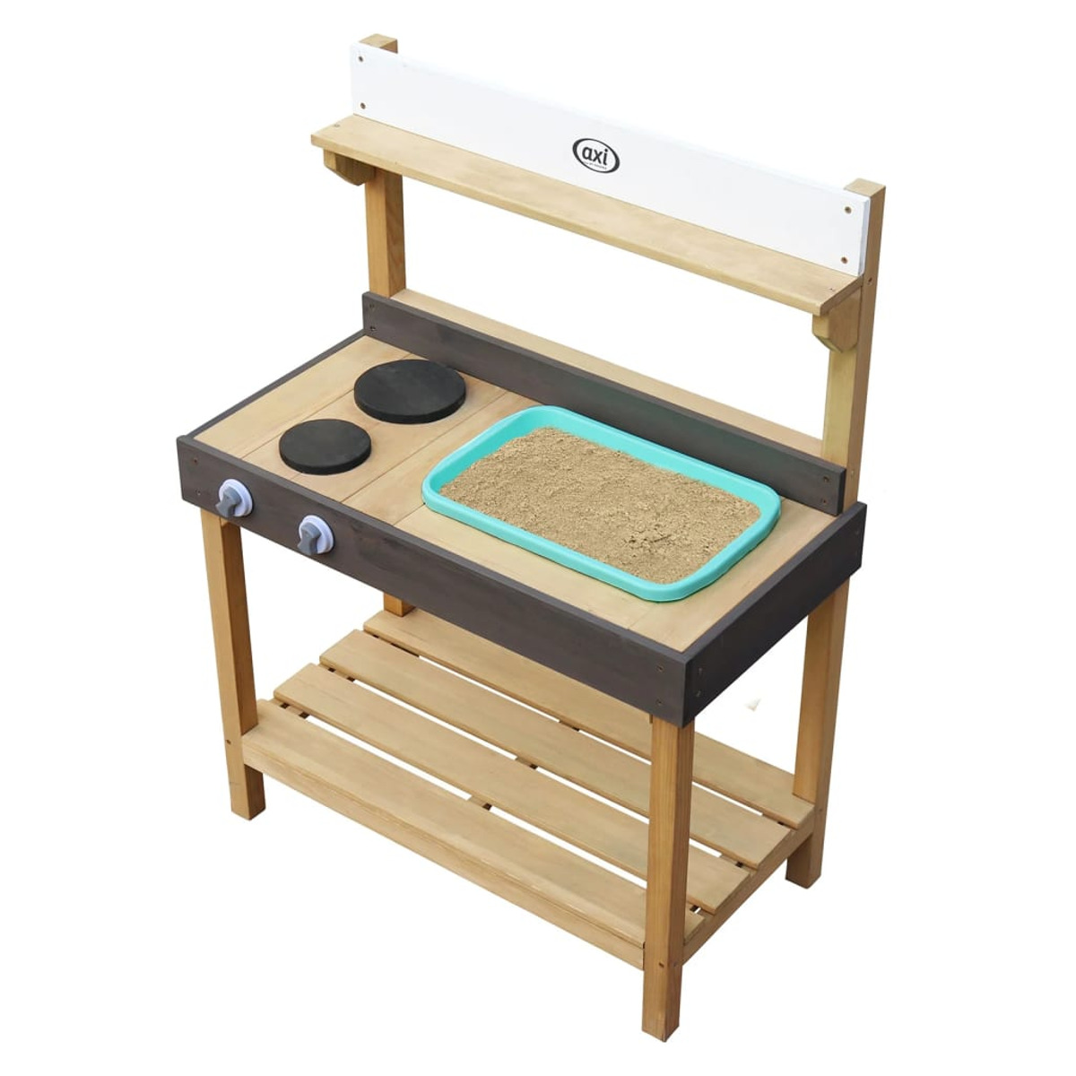 Outdoor-Spielküche aus Holz mit hellblauer Ablage, zwei schwarzen Kochfeldern und einem Regal.