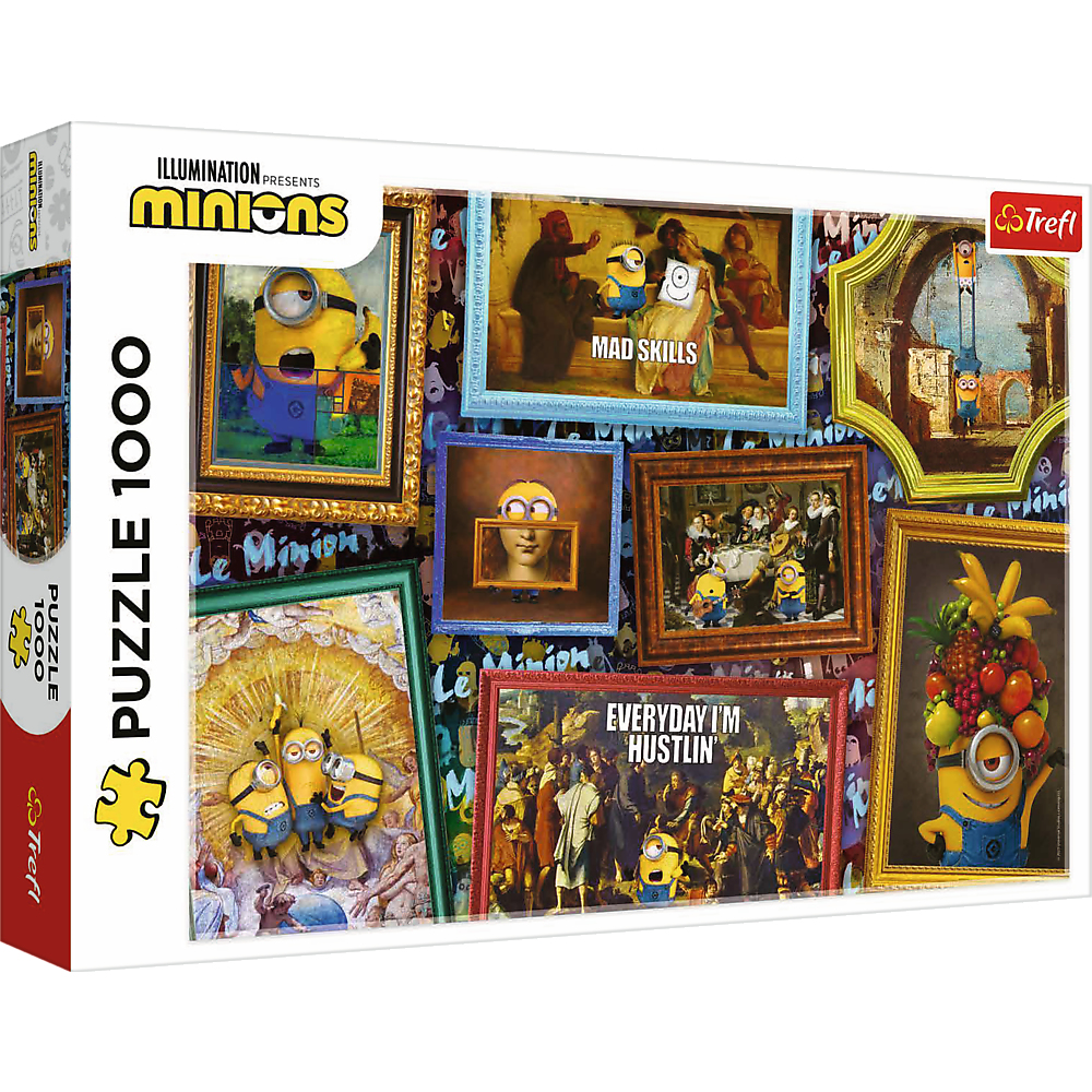 Una caja de rompecabezas con muchas imágenes de Minions inspiradas en pinturas famosas, con 1000 piezas.