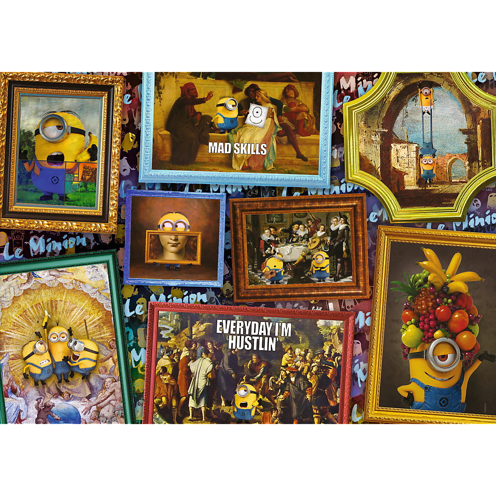 Un rompecabezas de Minions con varias pinturas enmarcadas. Los Minions se representan en entornos artísticos clásicos.