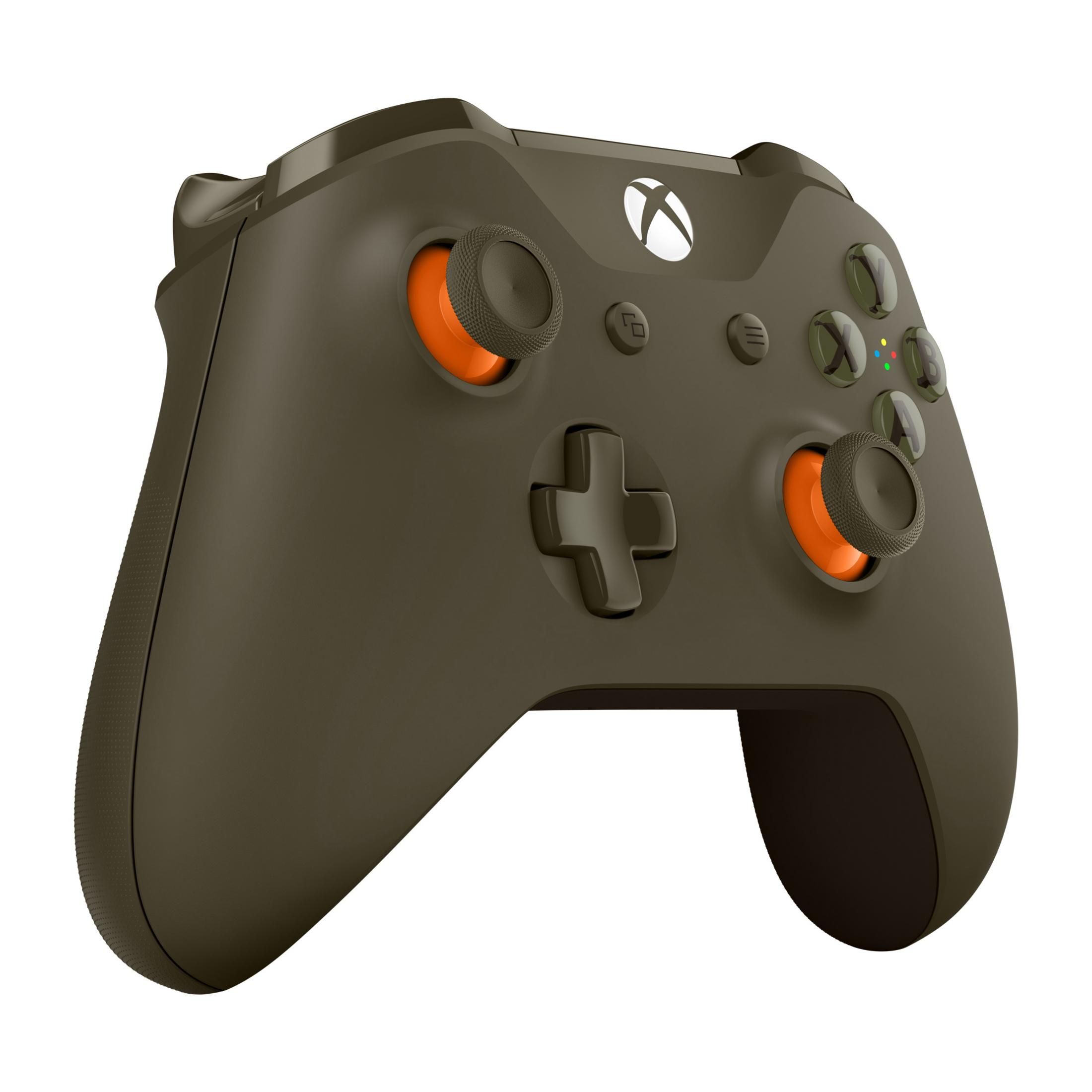 Dunkelgrüner Xbox-Controller mit orangefarbenen Akzenten auf den Joysticks. Xbox-Logo ist oben sichtbar.