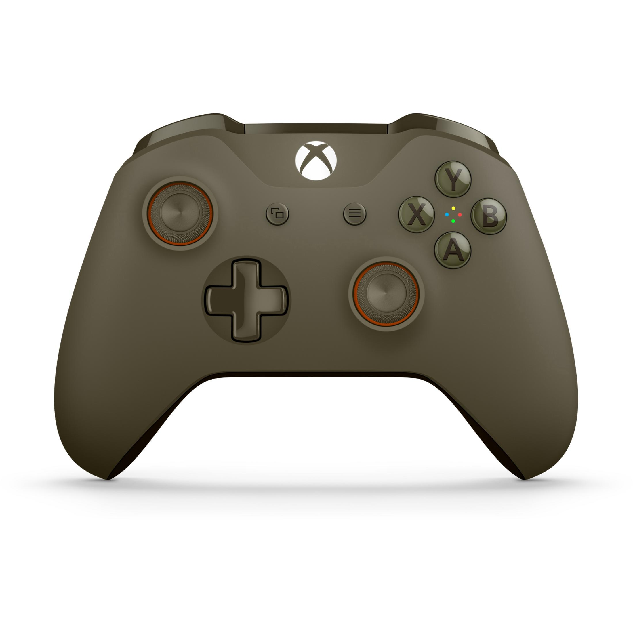 Ein olivgrüner Xbox-Controller mit orangefarbenen Akzenten auf den Knöpfen und einem weißen Xbox-Logo.