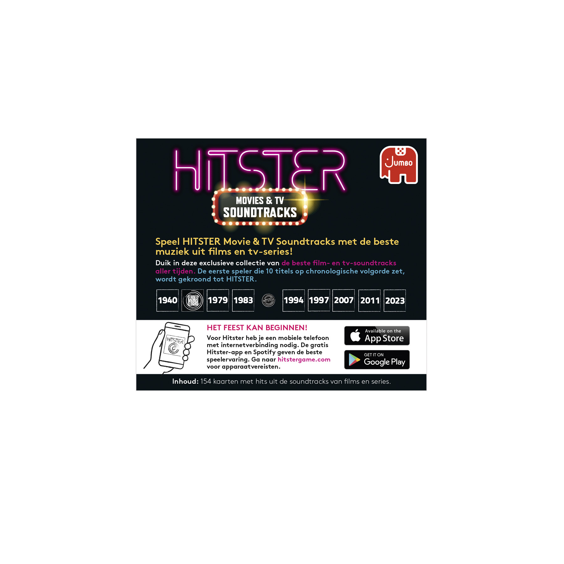 Una pubblicità di HITSTER Movies & TV Soundtracks con un'insegna al neon e icone di app.