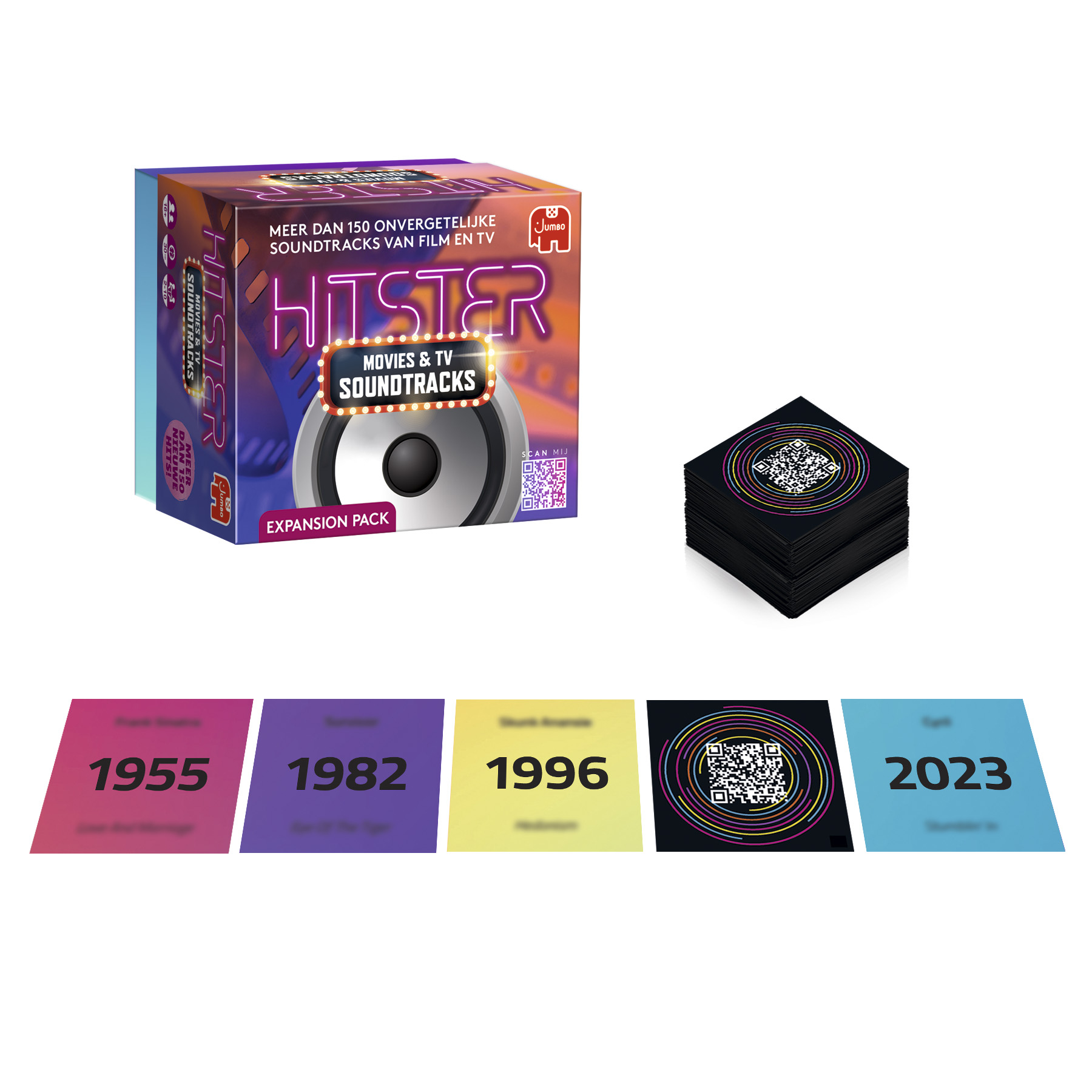 Gioco Hister di colonne sonore di film e TV con carte. Include carte degli anni e un codice QR per il gioco.