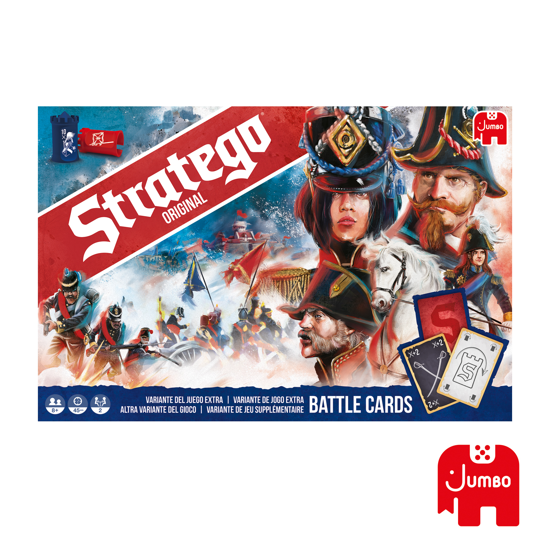 Caja del juego Stratego. Soldados y escenas de batalla se representan en la caja.