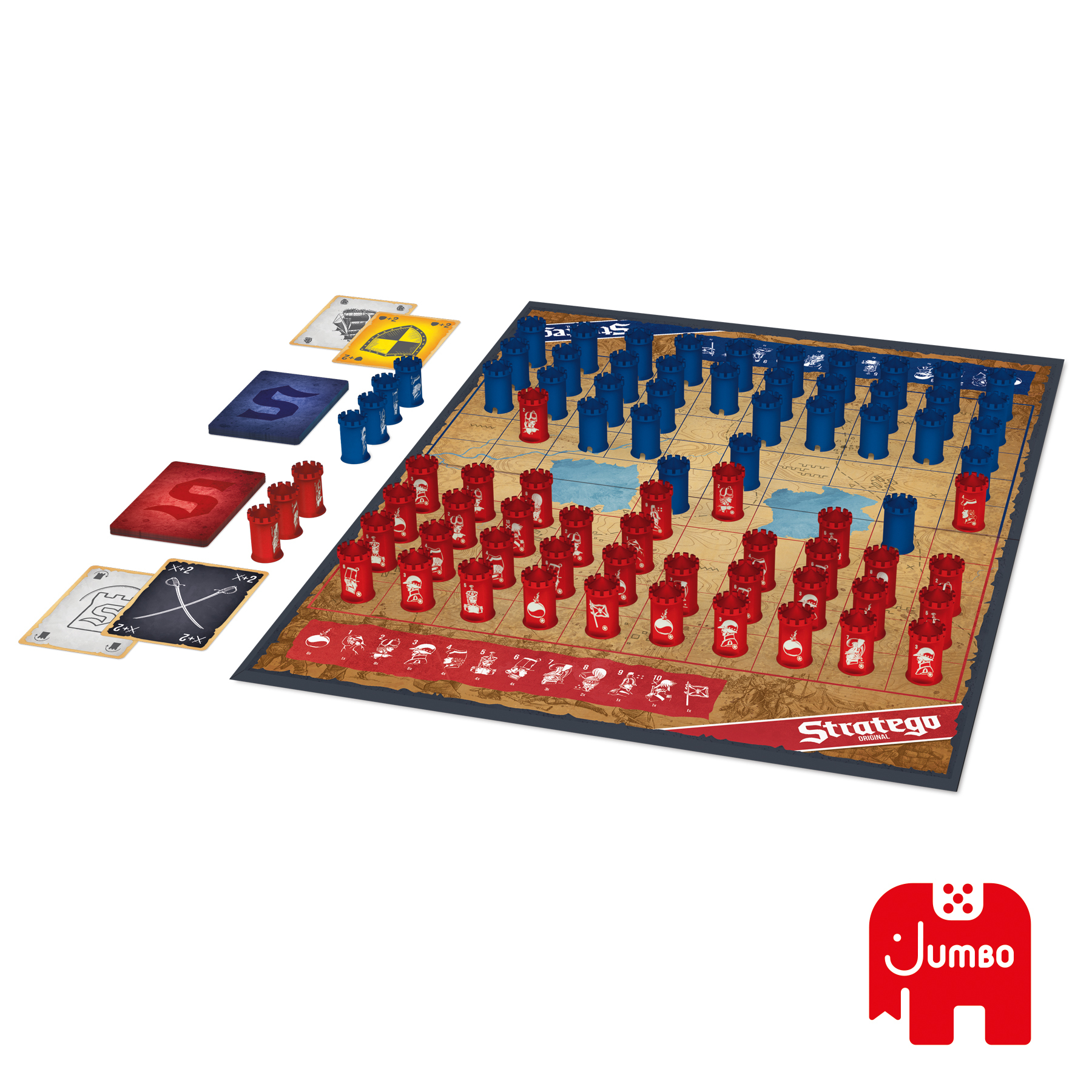 Juego de mesa Stratego. Piezas de castillo rojas y azules y cartas se colocan en un tablero con un diseño de mapa.