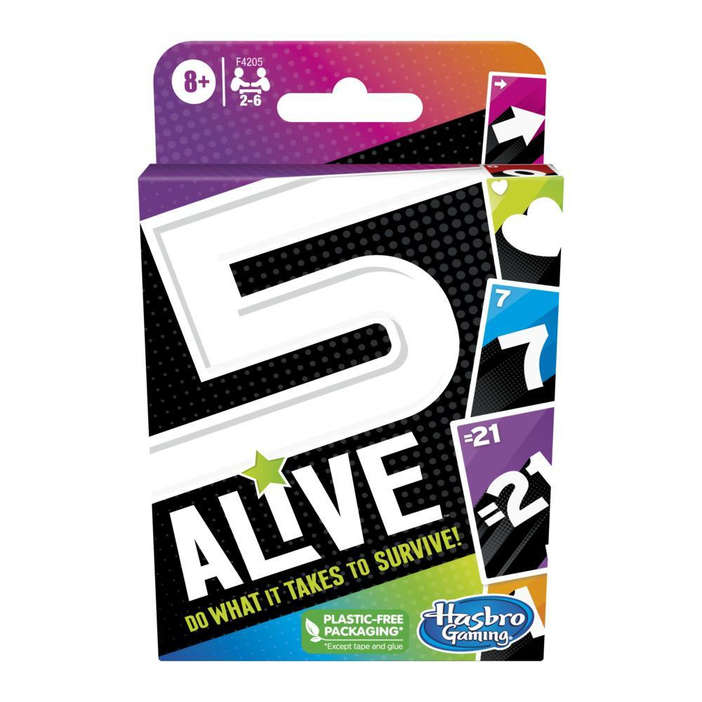 Doos van het 5 Alive kaartspel. De doos is wit, paars en zwart met de titel en het logo van het spel.