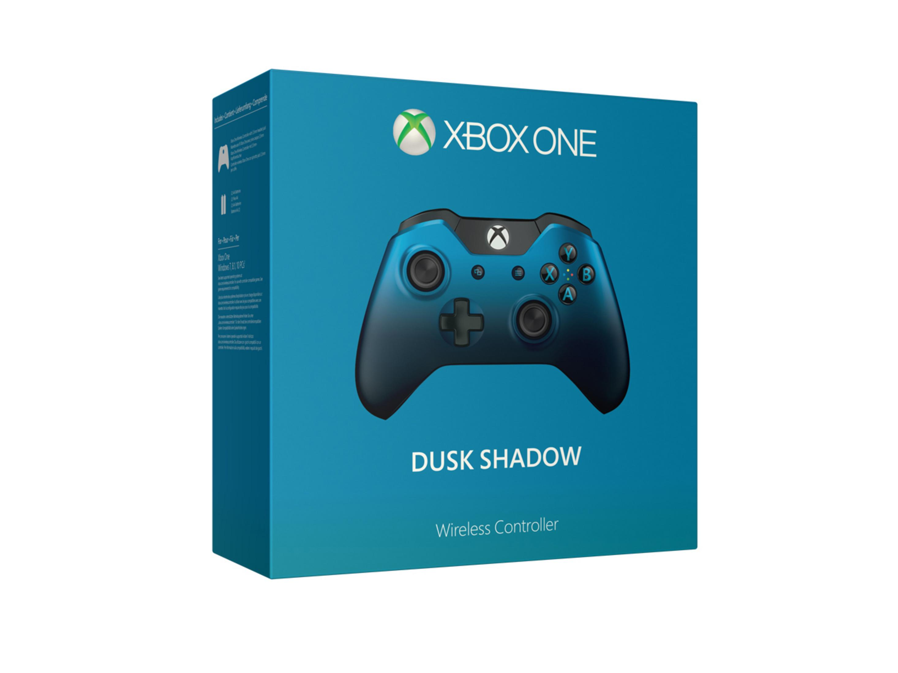 Xbox One Dusk Shadow Controller und Box. Der Controller ist blau, die Box auch.