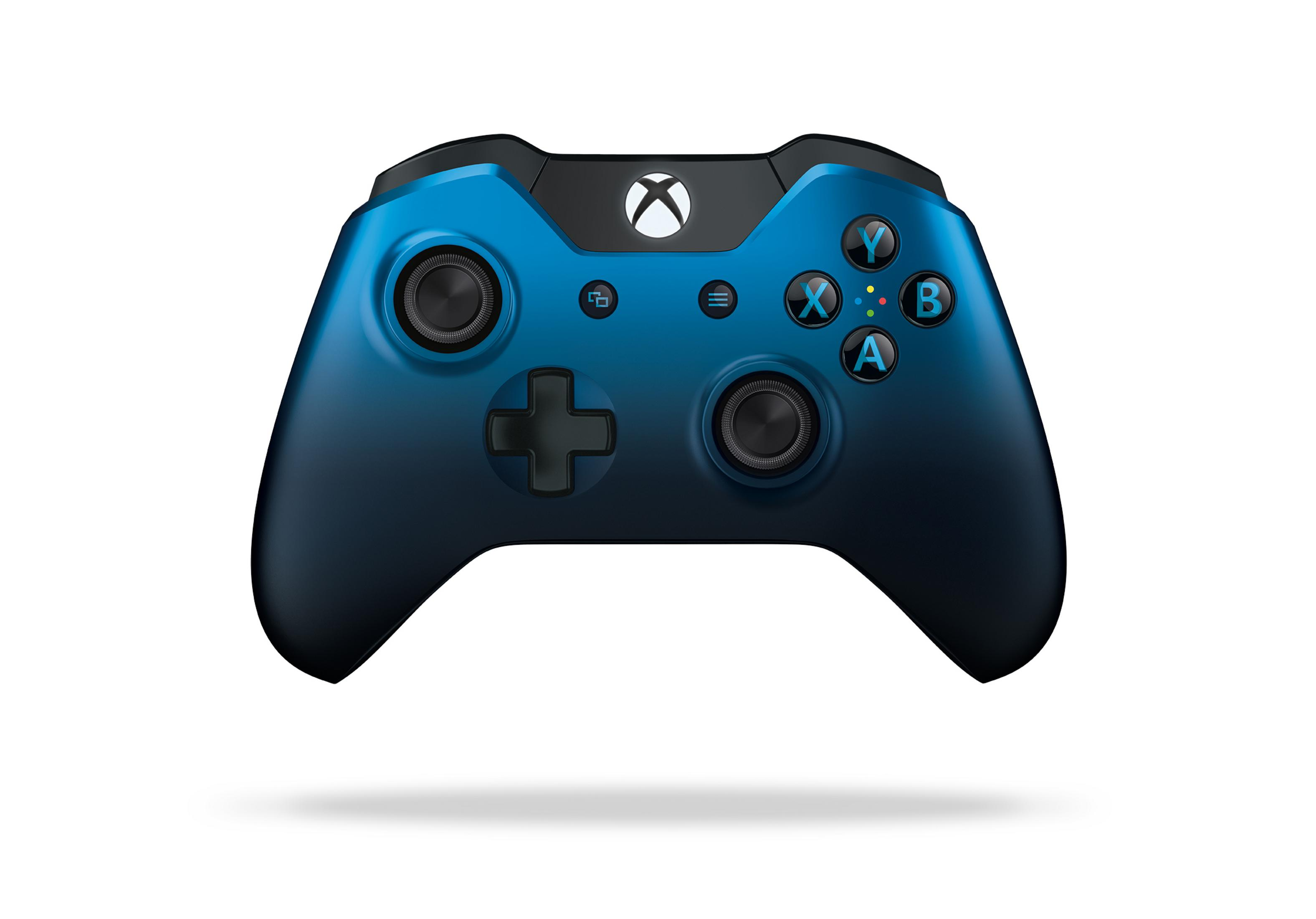 Blauer Xbox One Controller mit schwarzen Knöpfen. Das 'X'-Logo ist oben mittig sichtbar.