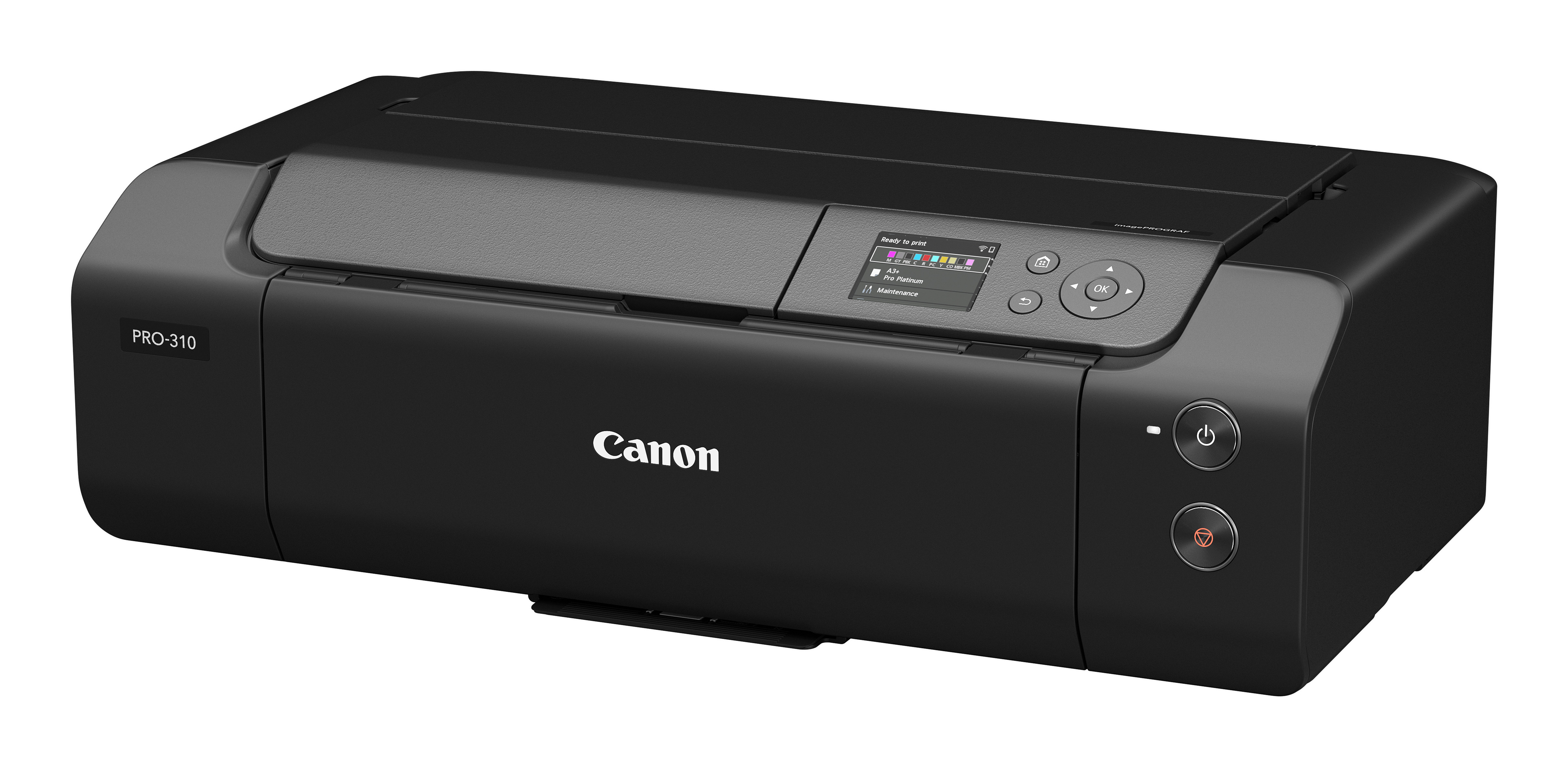 Czarna drukarka Canon PRO-310 z małym wyświetlaczem i przyciskami sterowania.