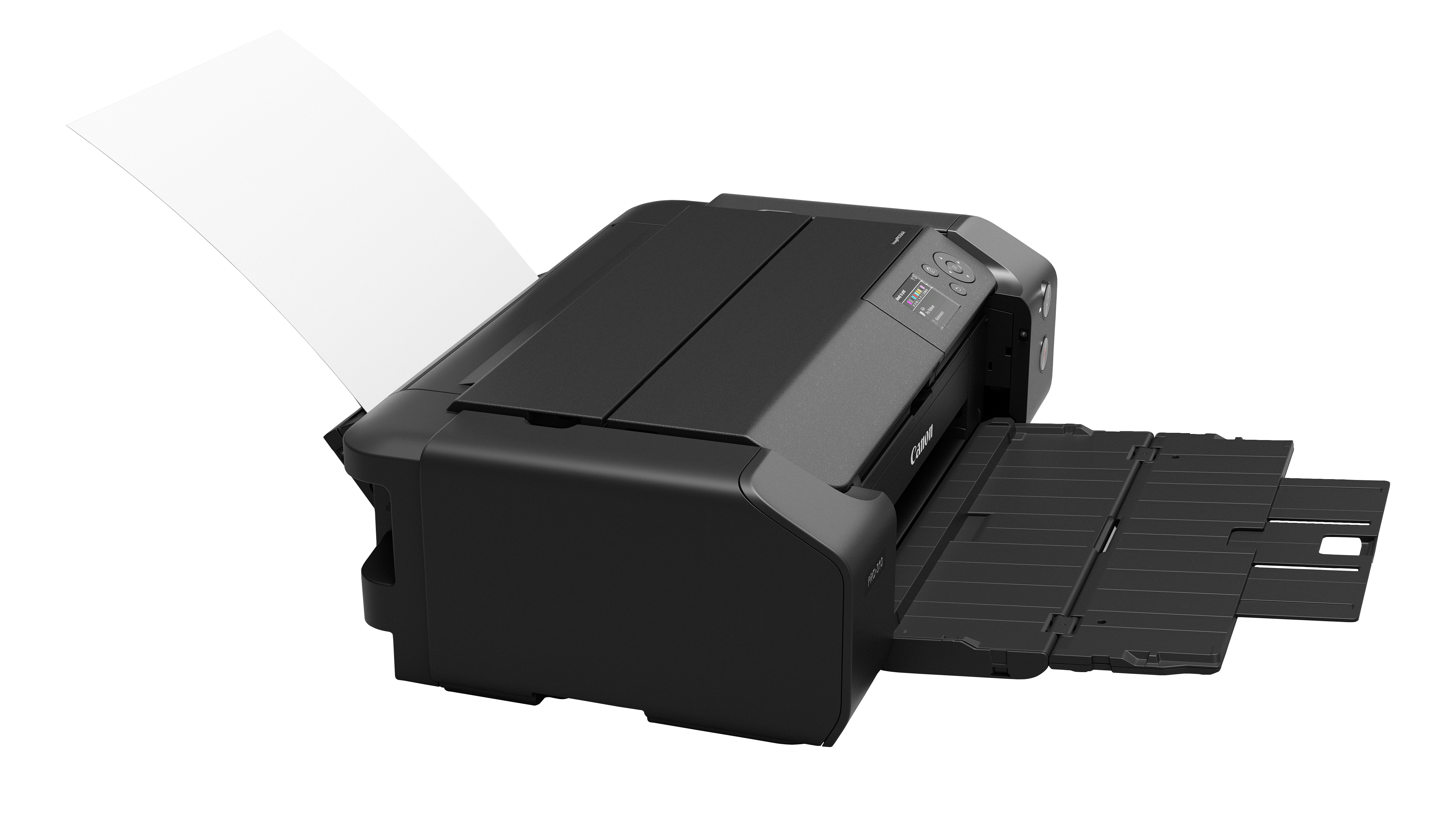Czarna drukarka Canon PRO-310 z wysuniętą tacą na papier.