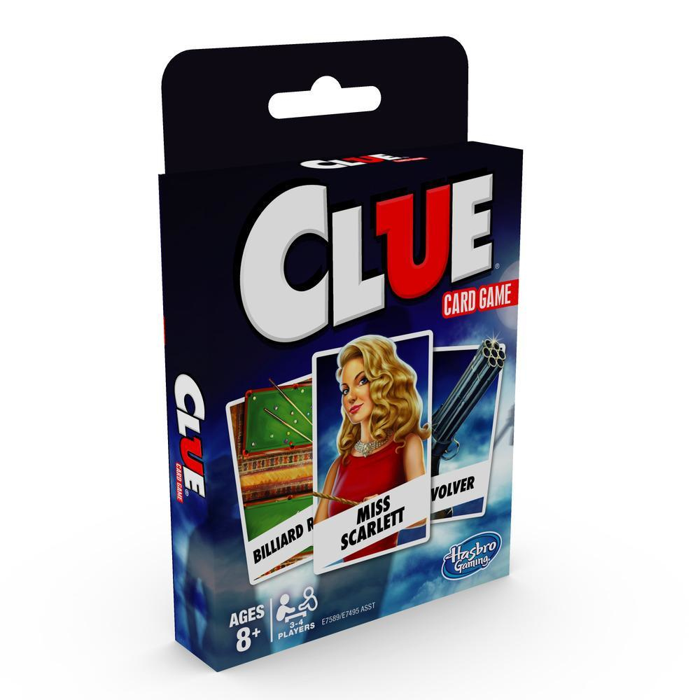 Una caja del juego de cartas Clue con una imagen de una mujer, una sala de billar y un revólver.