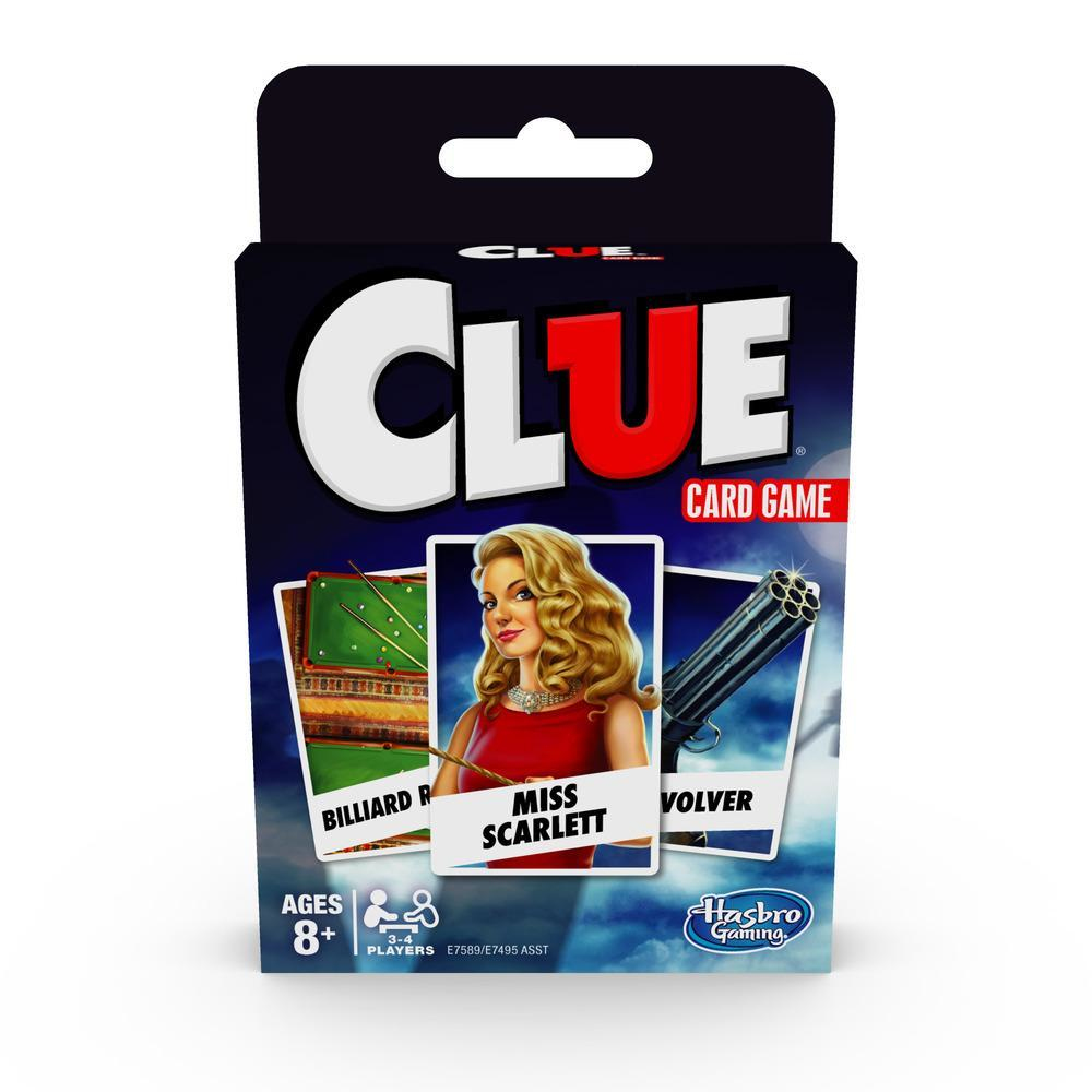 Una caja del juego de cartas Clue con una mujer, una sala de billar y un revólver.