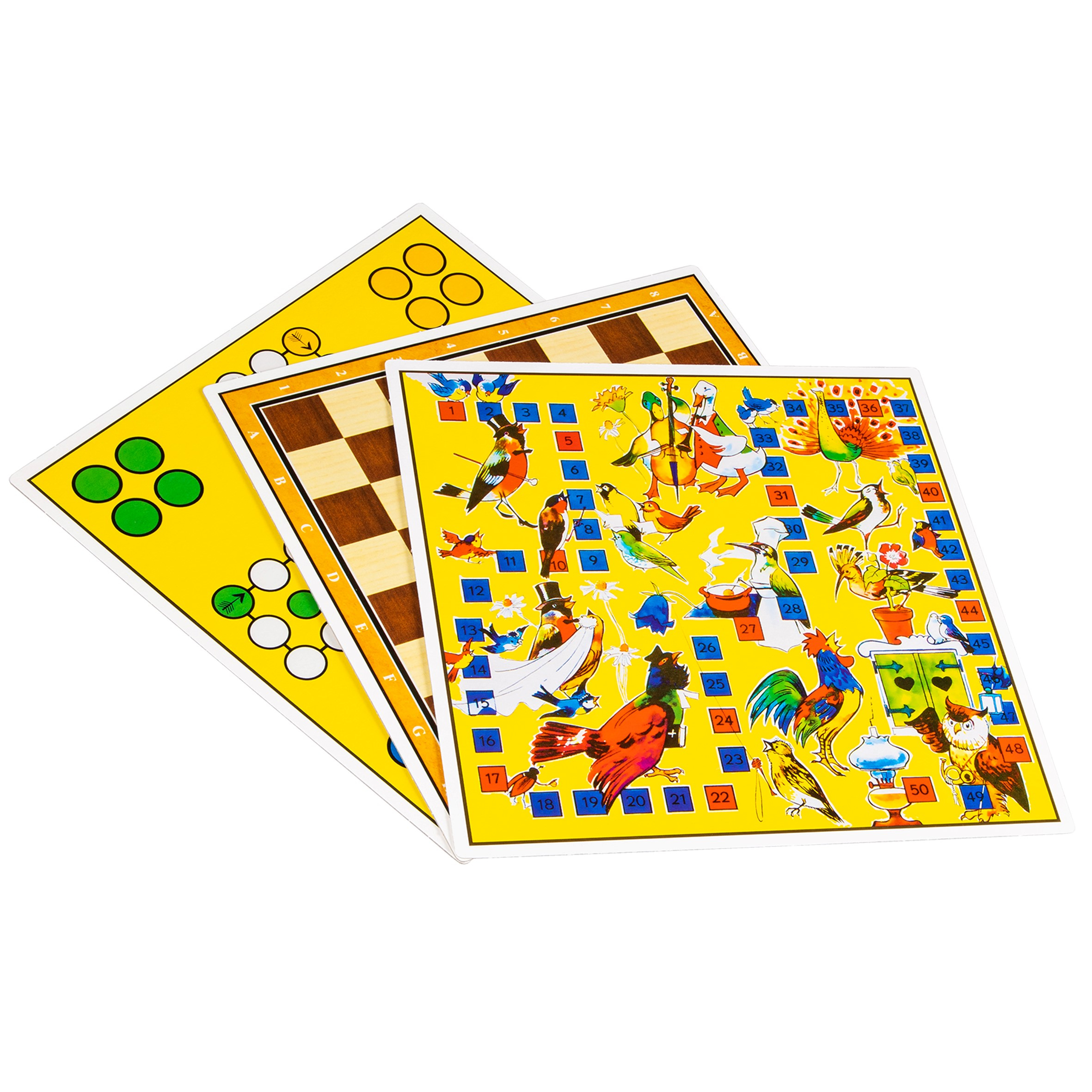 Drie spelborden, een met een dambordpatroon, een met vogelafbeeldingen en een met stippen.